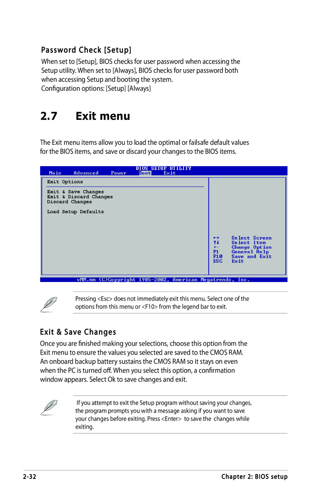 Asus P5LD2-FM, P5LD2-VP, P5LD2-DH Exit menu, Password Check Setup, Exit & Save Changes, Configuration options Setup Always 