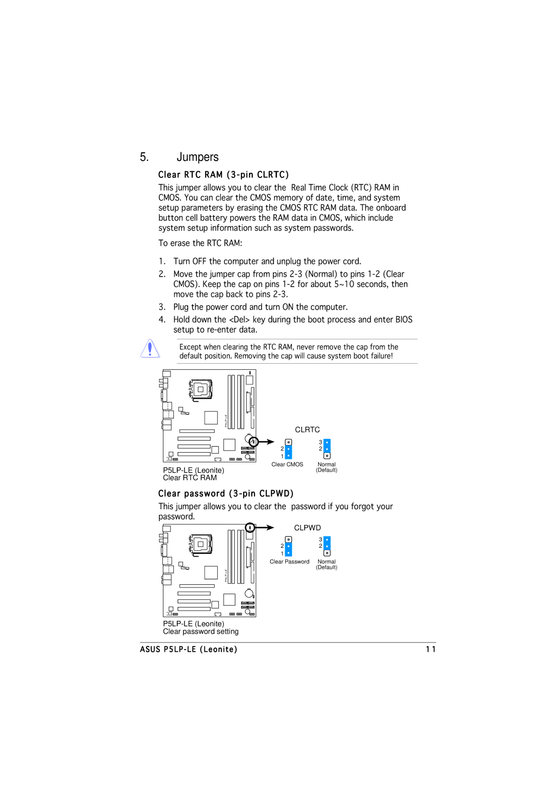 Asus P5LP-LE manual Jumpers, Clear RTC RAM 3-pin Clrtc, Clear password 3-pin Clpwd 