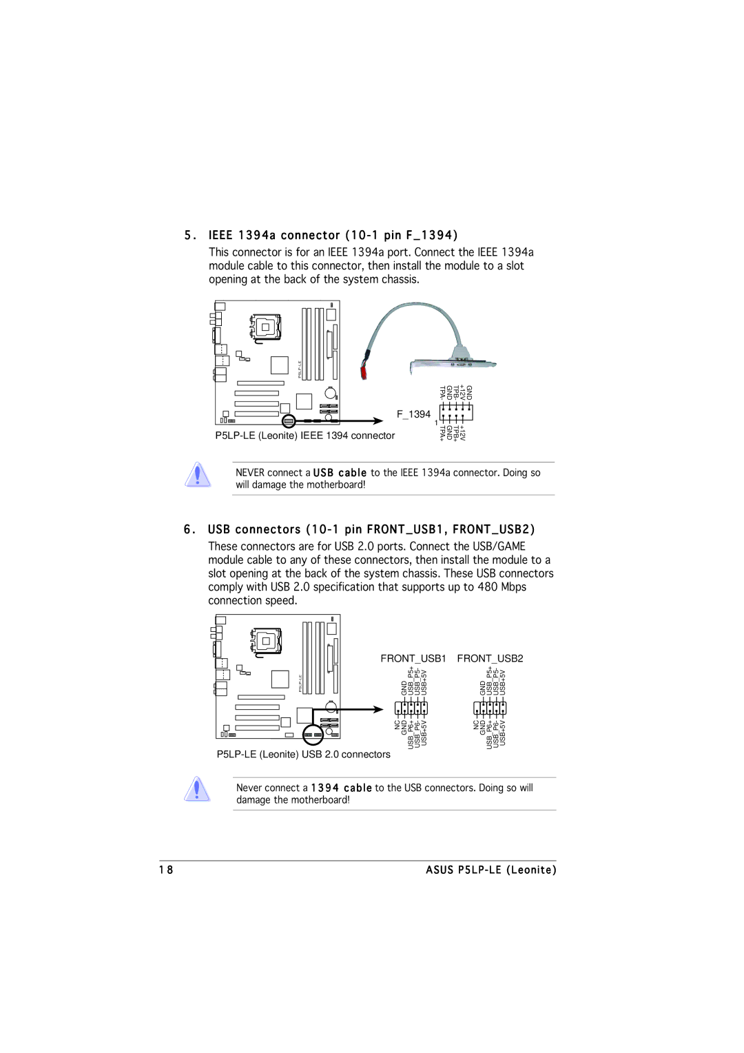 Asus P5LP-LE manual Ieee 1394a connector 10-1 pin F1394, USB connectors 10-1 pin FRONTUSB1, FRONTUSB2 