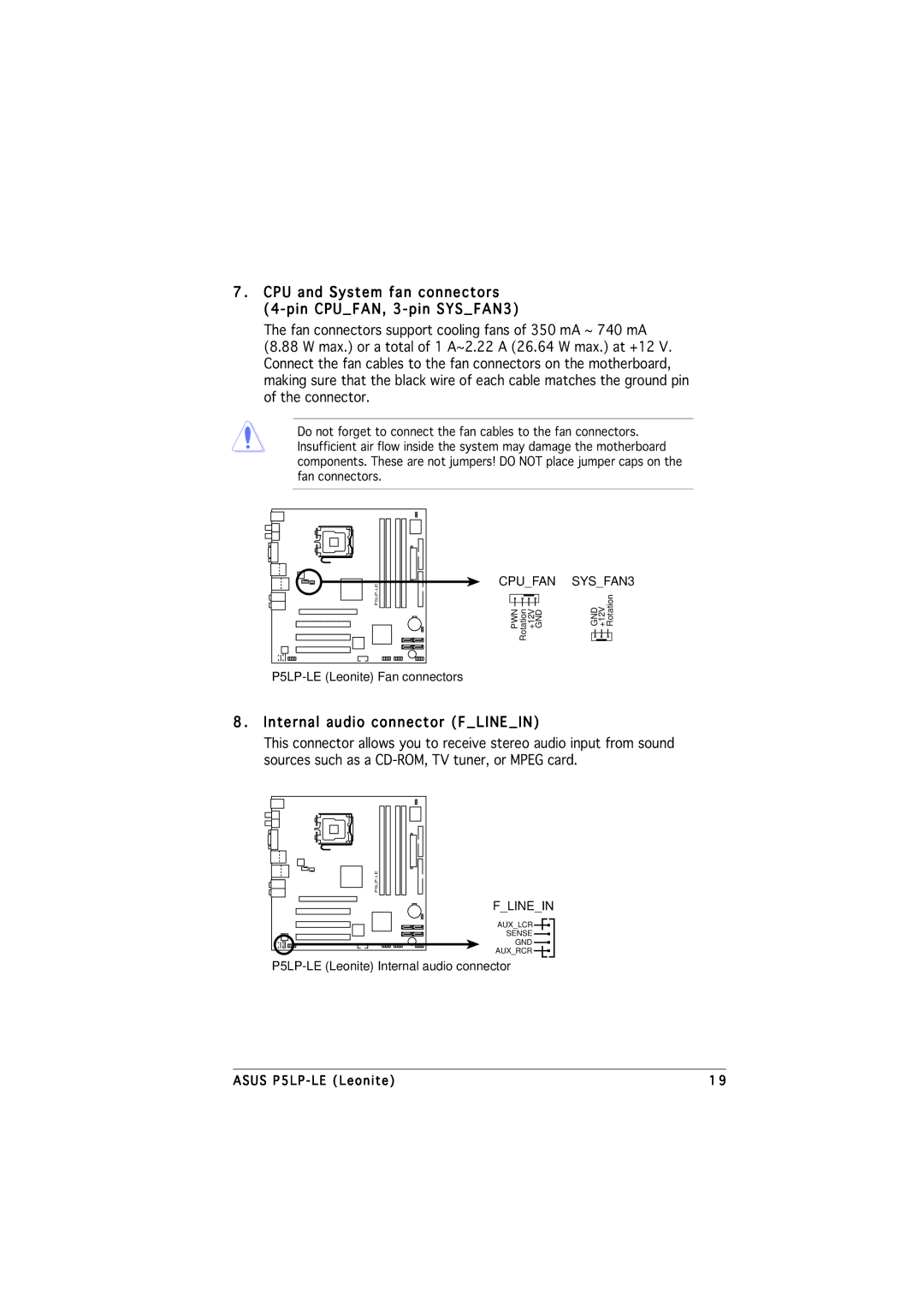 Asus P5LP-LE manual CPU and System fan connectors 4-pin CPUFAN, 3-pin SYSFAN3, Internal audio connector Flinein 