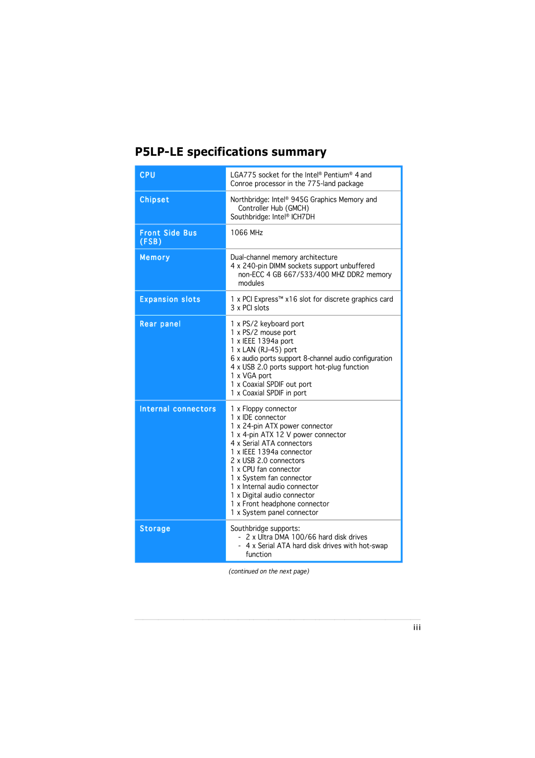 Asus manual P5LP-LE specifications summary 