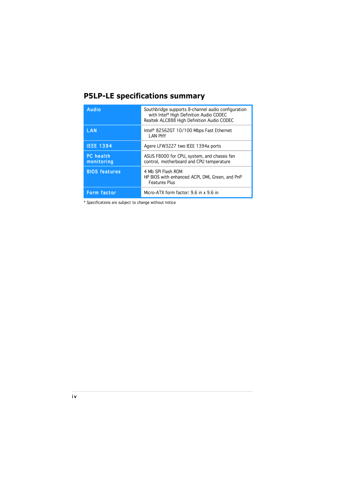 Asus P5LP-LE manual Audio Ieee PC health monitoring Bios features Form factor 