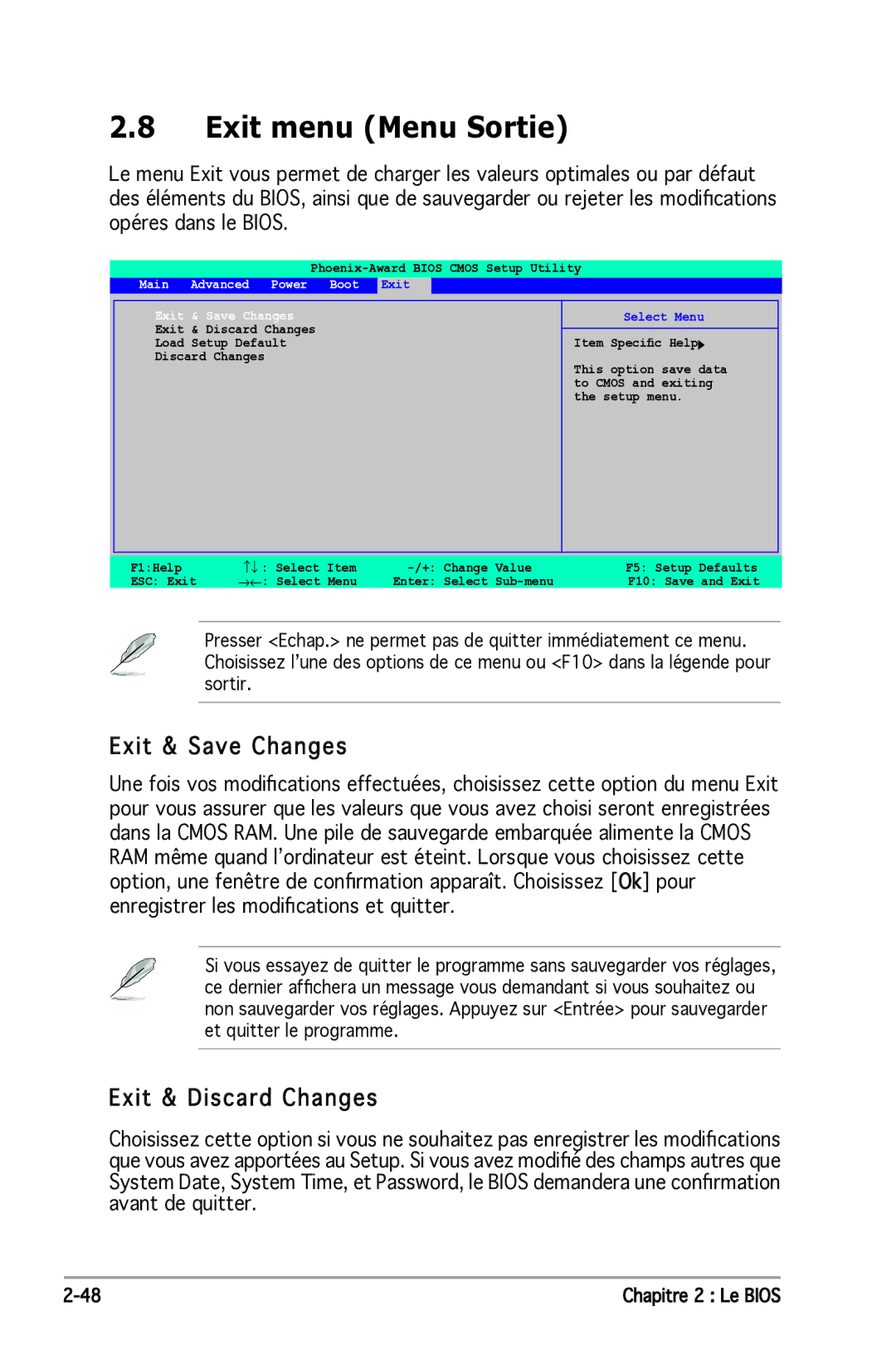 Asus P5N-E SLI manual Exit menu Menu Sortie, Exit & Save Changes, Exit & Discard Changes, Main Advanced Power Boot 