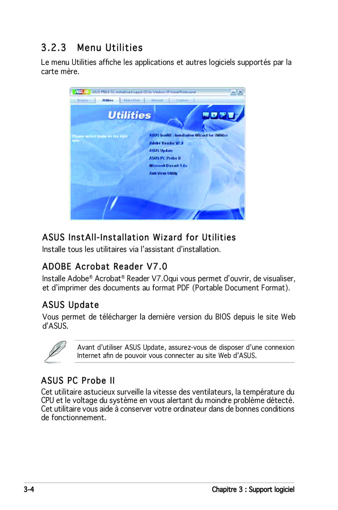 Asus P5N-E SLI manual Menu Utilities, Asus InstAll -Installation Wizard for Utilities, Adobe Acrobat Reader Asus Update 