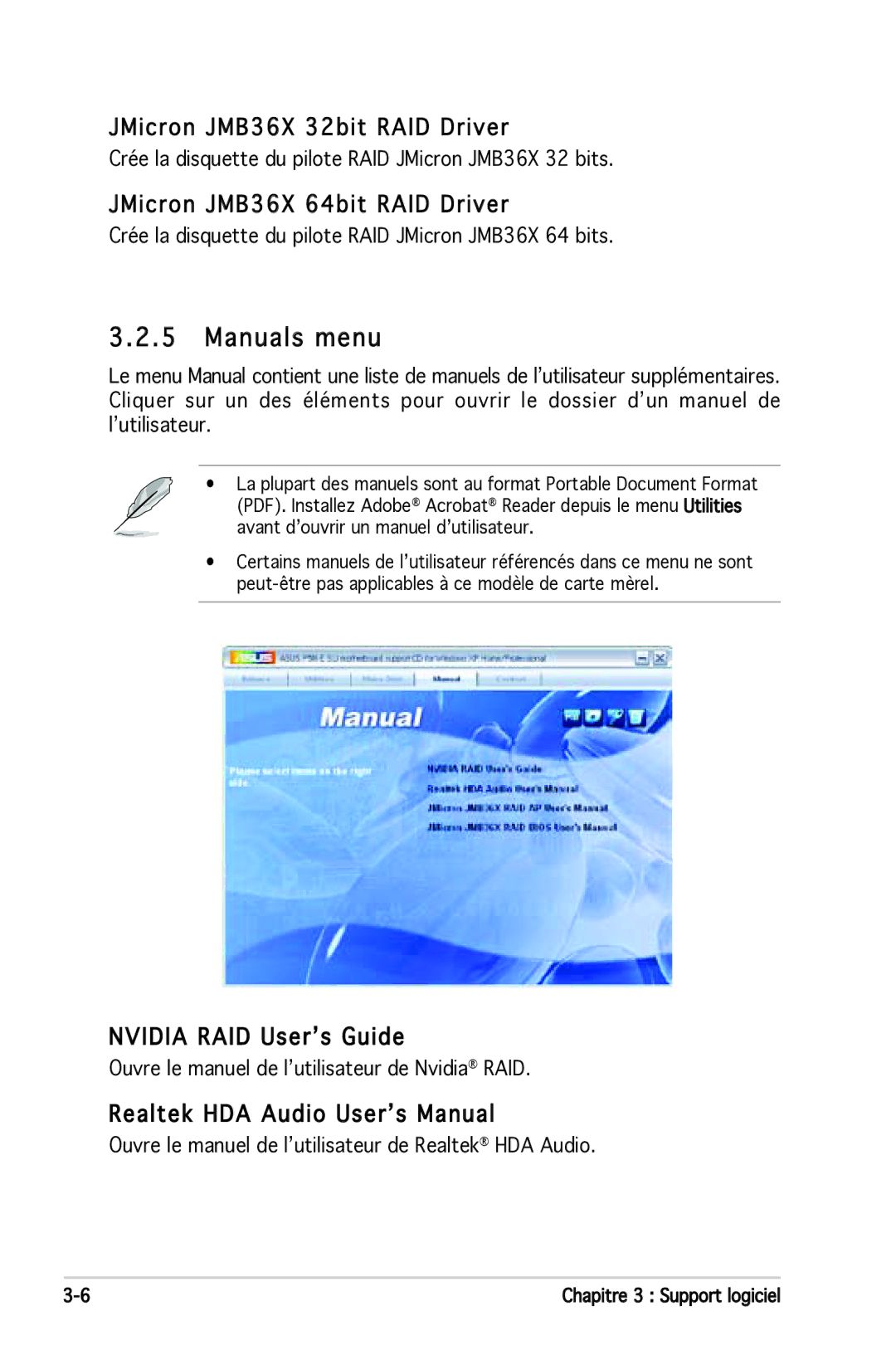 Asus P5N-E SLI Manuals menu, JMicron JMB36X 32bit RAID Driver, JMicron JMB36X 64bit RAID Driver, Nvidia RAID User’s Guide 