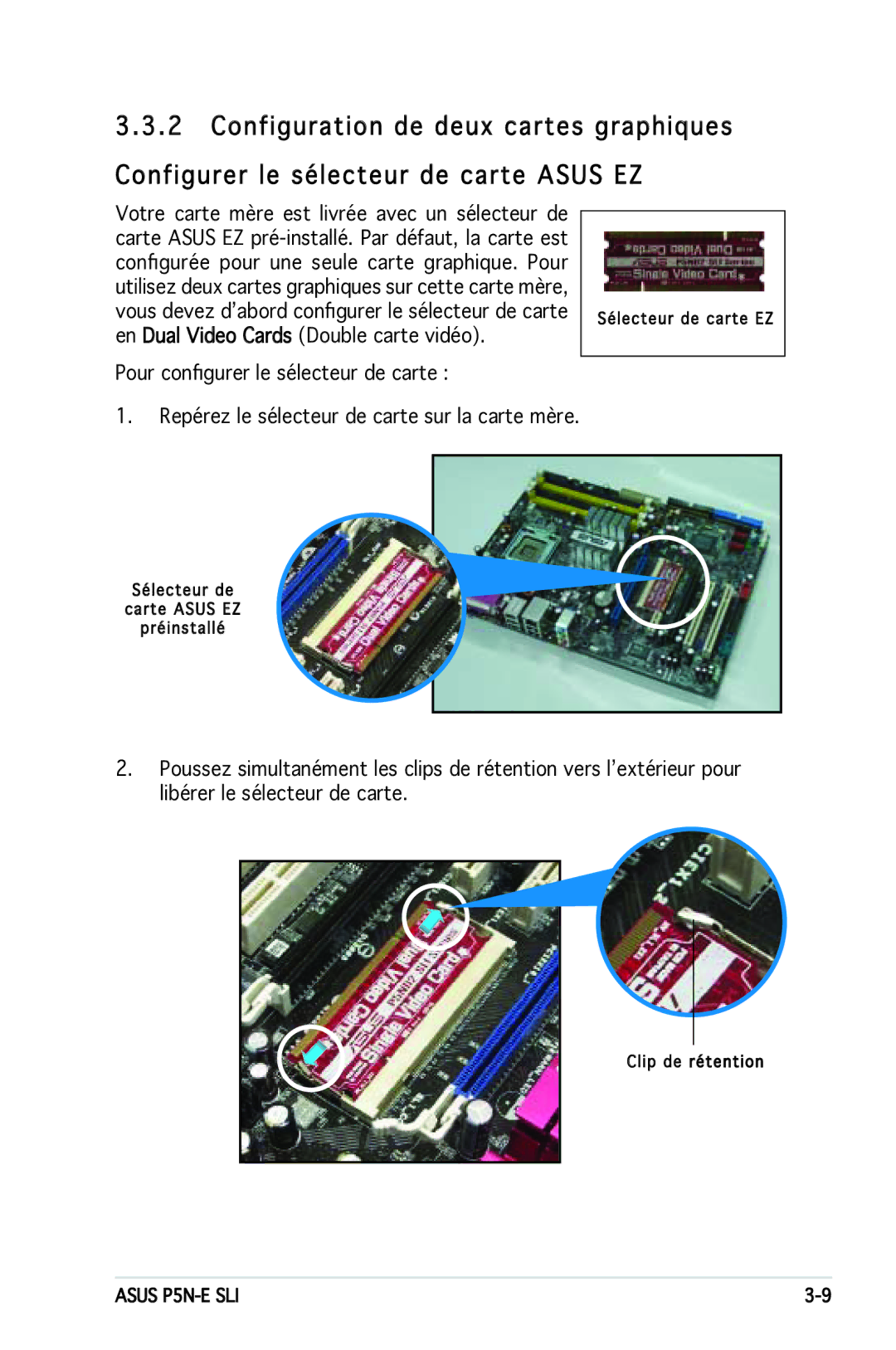 Asus P5N-E SLI manual Sélecteur de carte EZ Sélecteur de carte Asus EZ préinstallé 