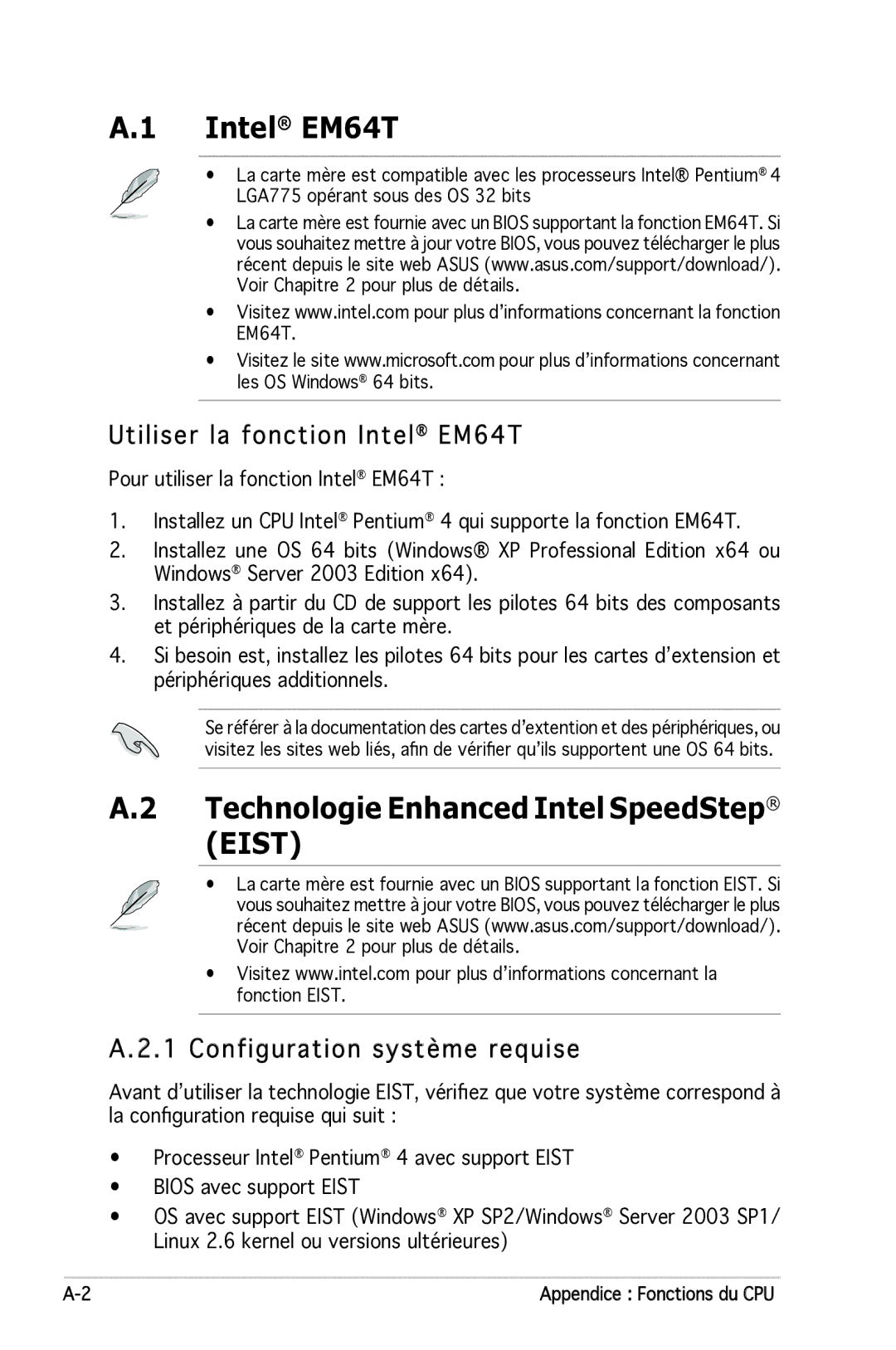 Asus P5N-E SLI Technologie Enhanced Intel SpeedStep, Utiliser la fonction Intel EM64T, Configuration système requise 