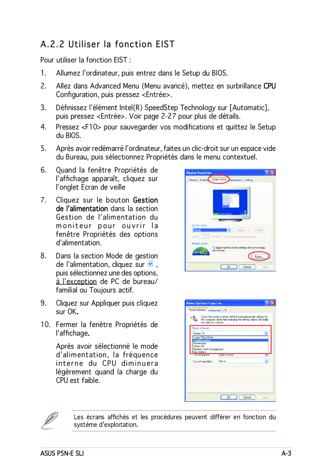 Asus P5N-E SLI manual Utiliser la fonction Eist 