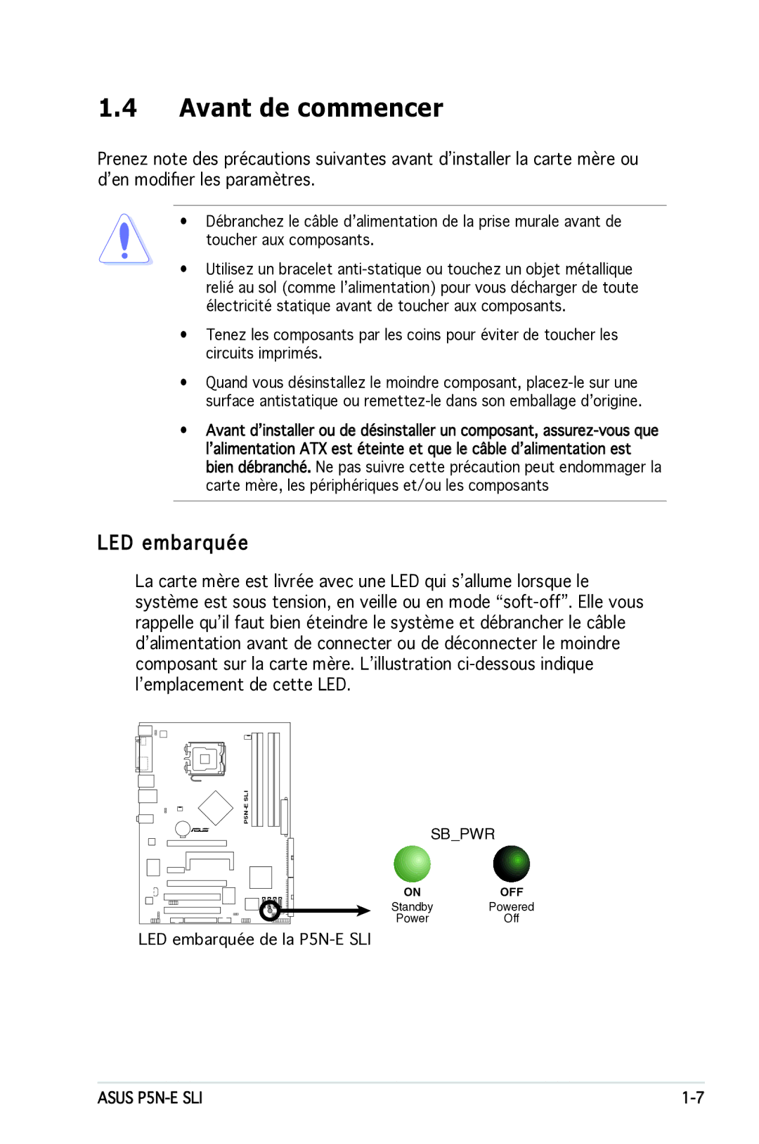 Asus P5N-E SLI manual Avant de commencer, LED embarquée 