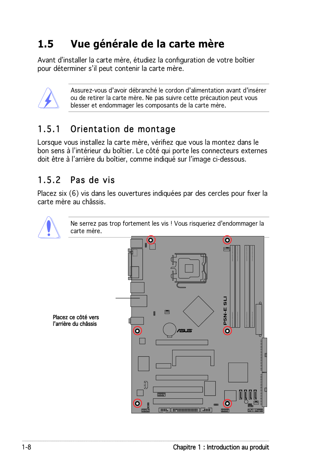 Asus P5N-E SLI manual Vue générale de la carte mère, Orientation de montage, Pas de vis 