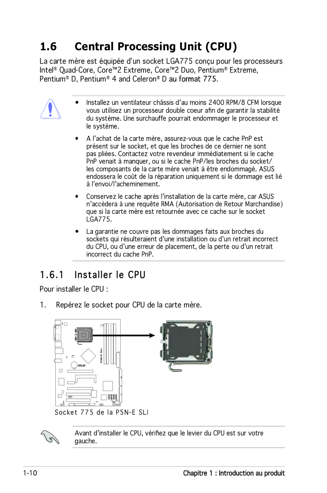 Asus P5N-E SLI manual Central Processing Unit CPU, Installer le CPU 