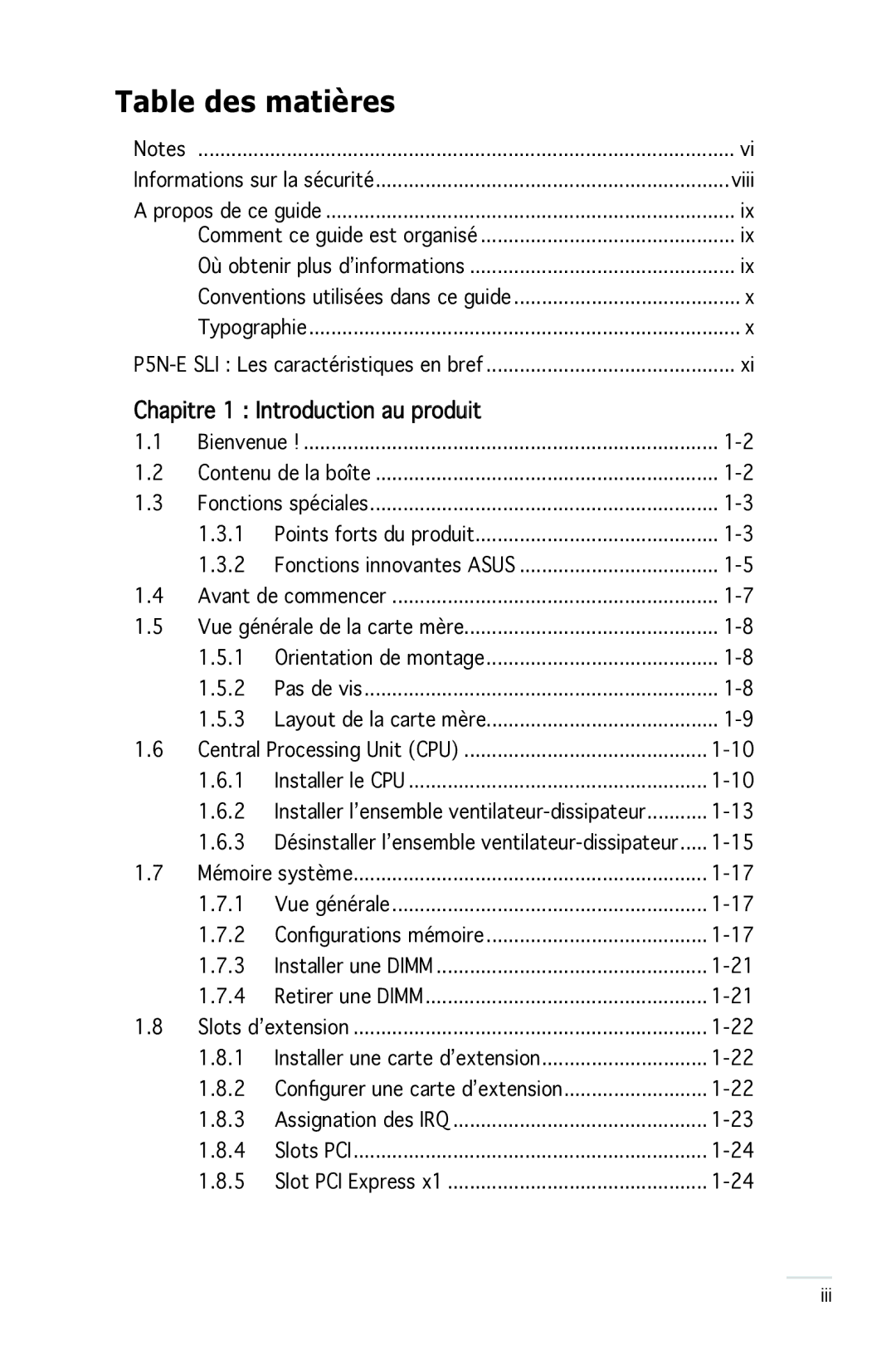 Asus P5N-E SLI manual Table des matières, Chapitre 1 Introduction au produit, Typographie 