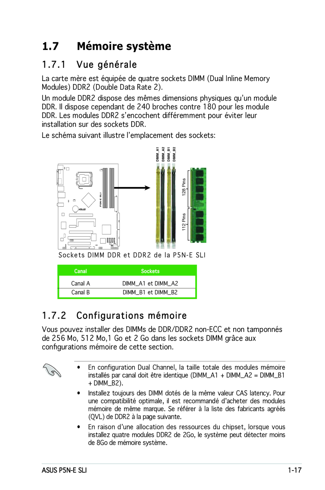 Asus P5N-E SLI manual Mémoire système, Vue générale, Configurations mémoire 