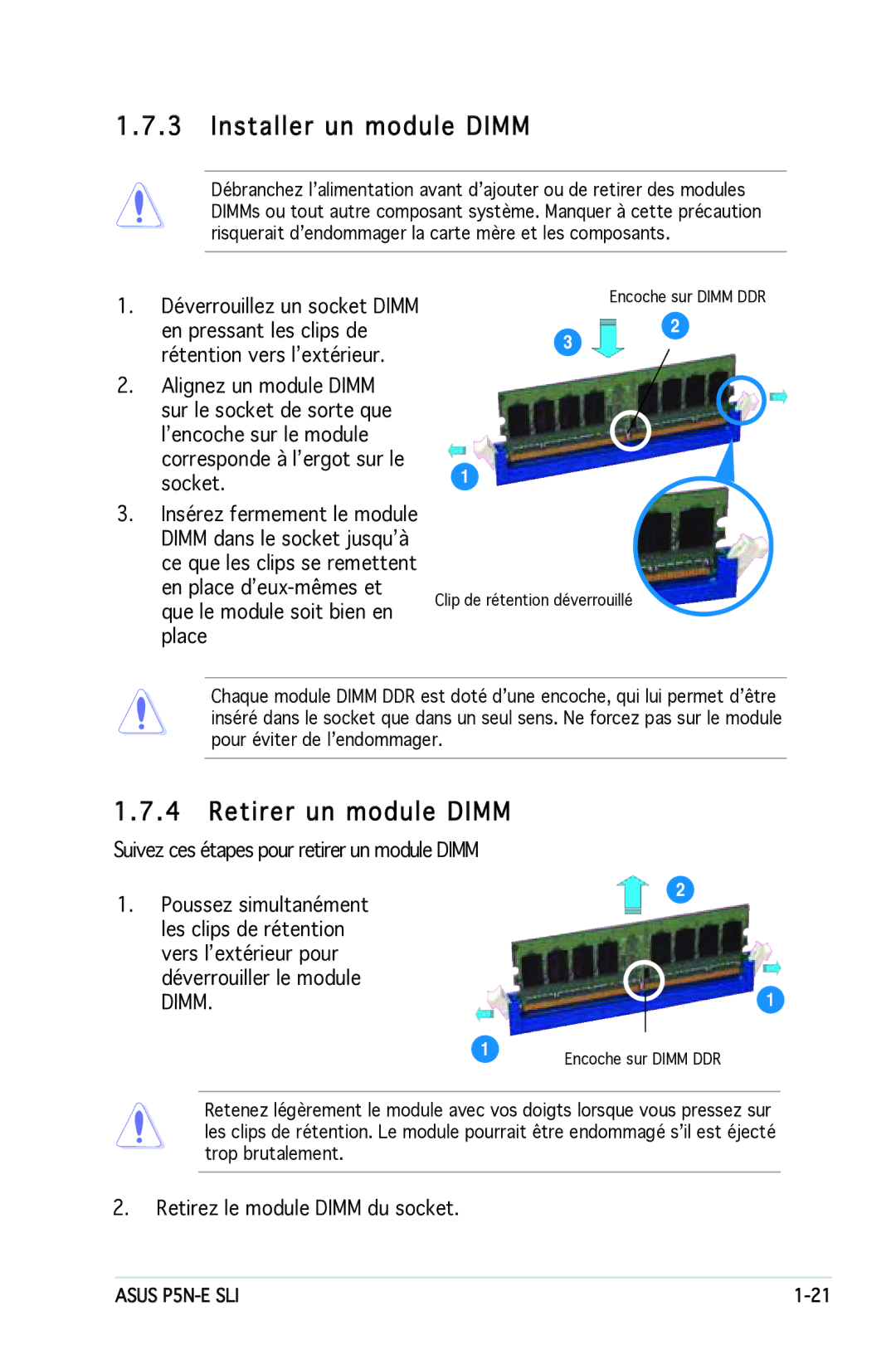 Asus P5N-E SLI manual Installer un module Dimm, Retirer un module Dimm 