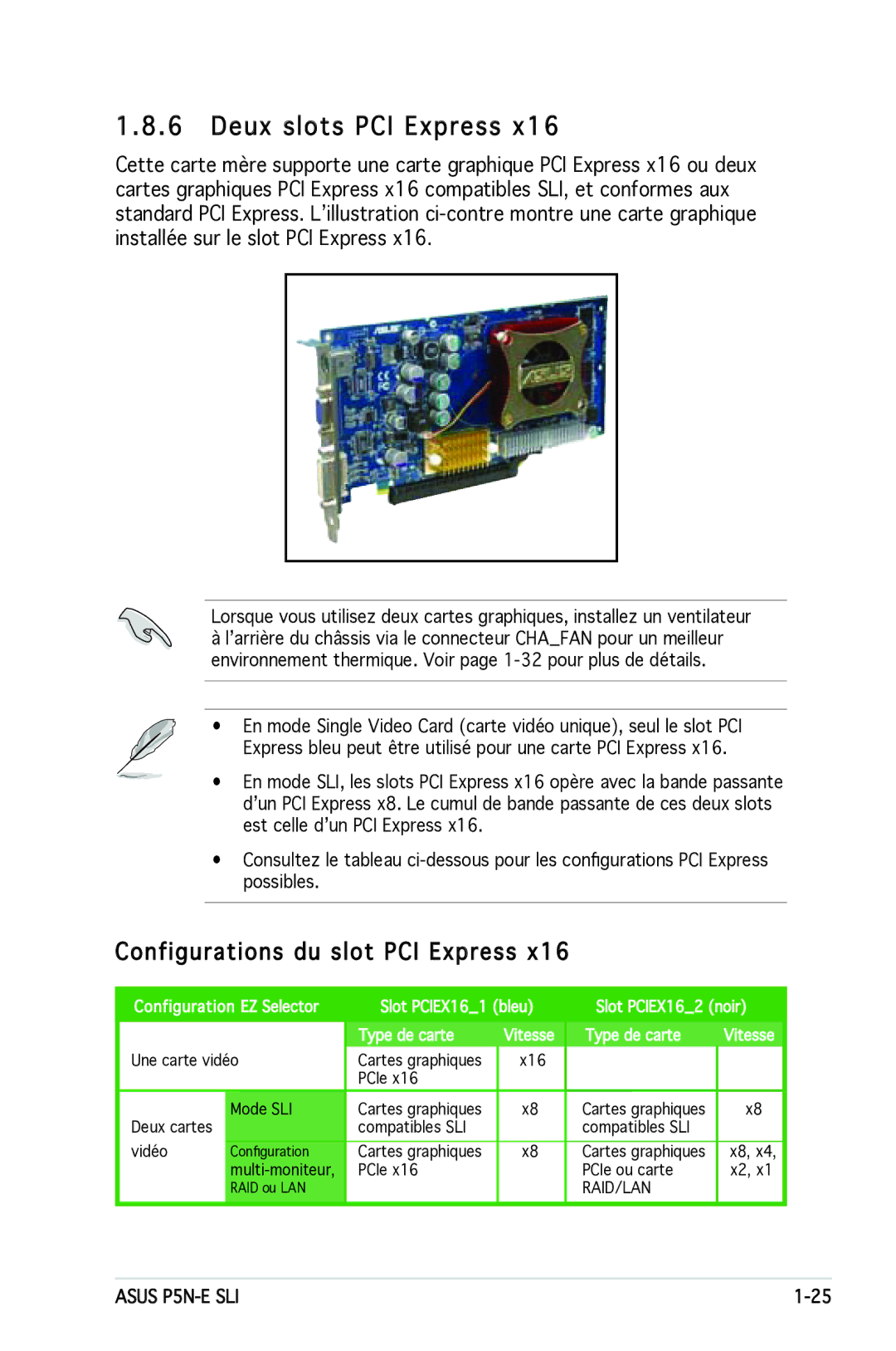 Asus P5N-E SLI manual Deux slots PCI Express, Configurations du slot PCI Express 