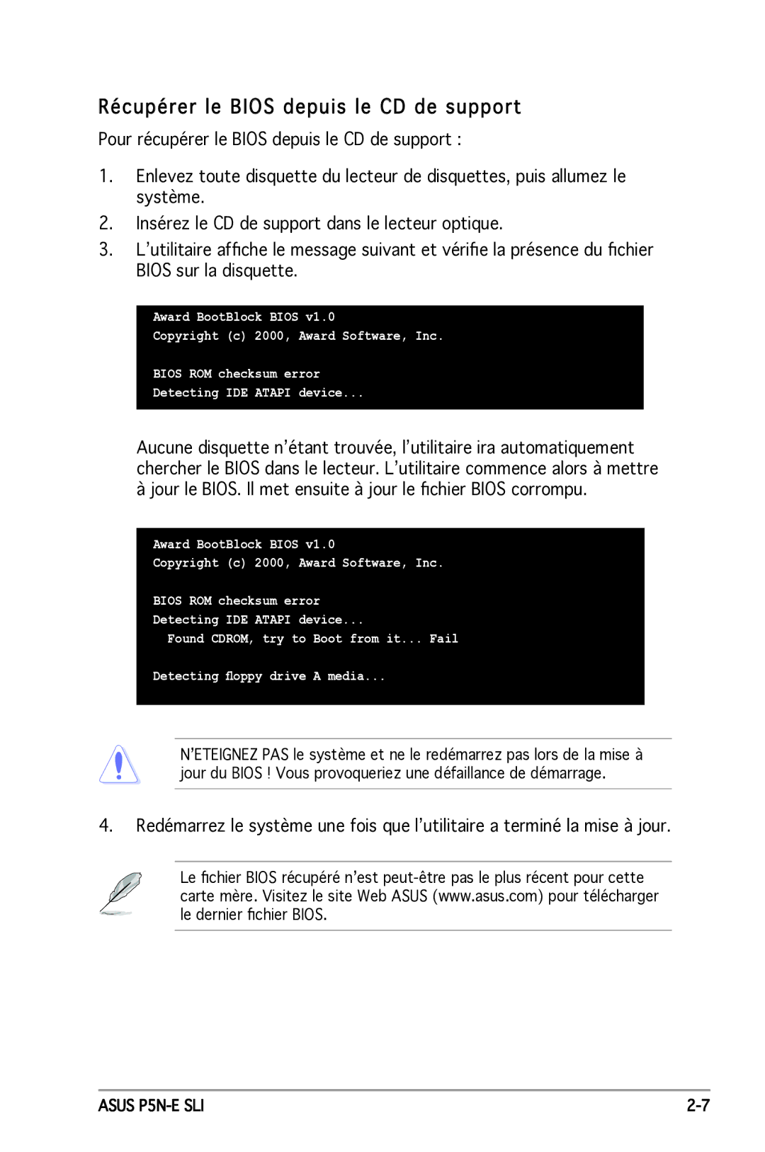 Asus P5N-E SLI manual Récupérer le Bios depuis le CD de support 