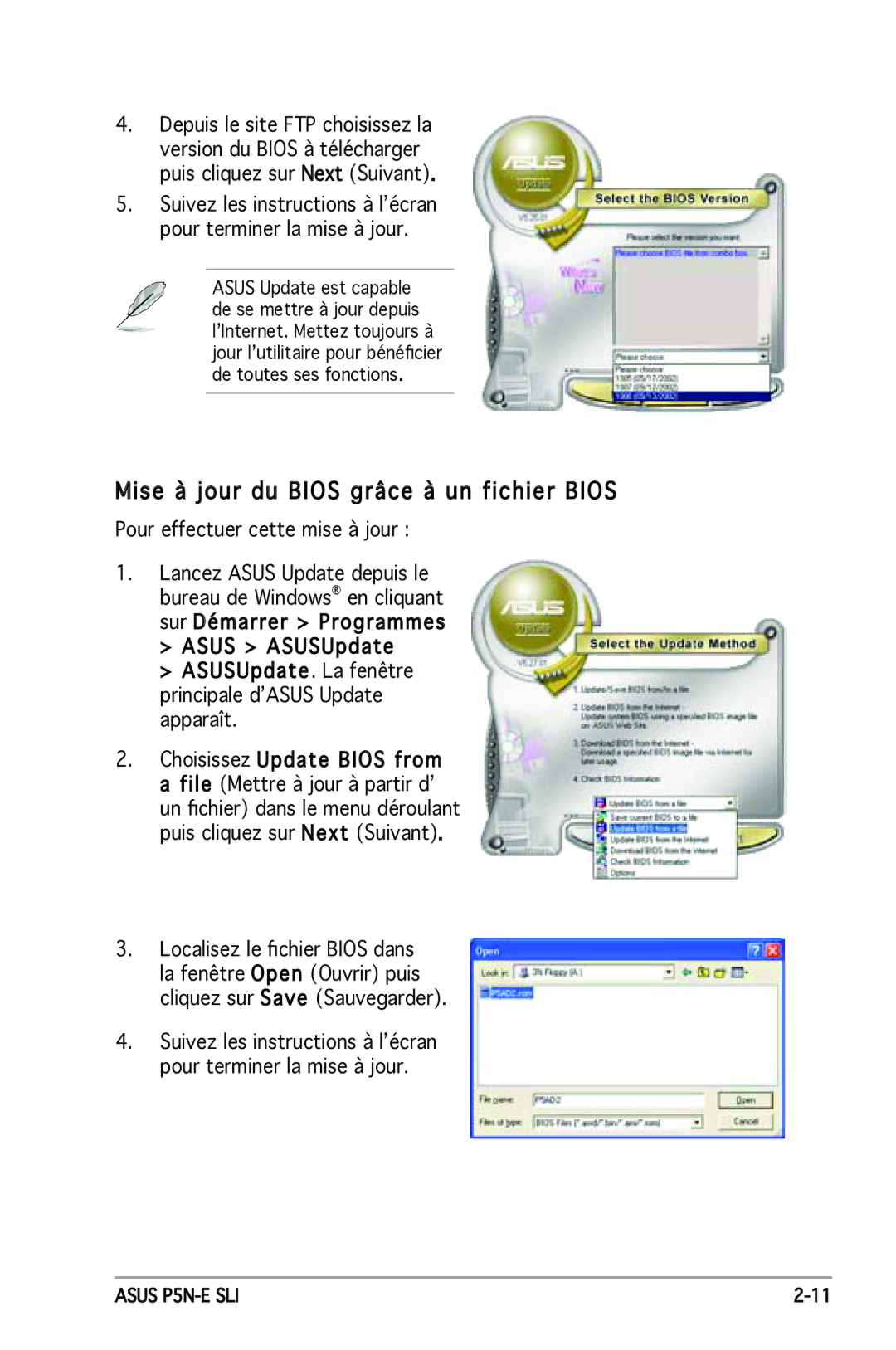 Asus P5N-E SLI manual Mise à jour du Bios grâce à un fichier Bios, Pour effectuer cette mise à jour 