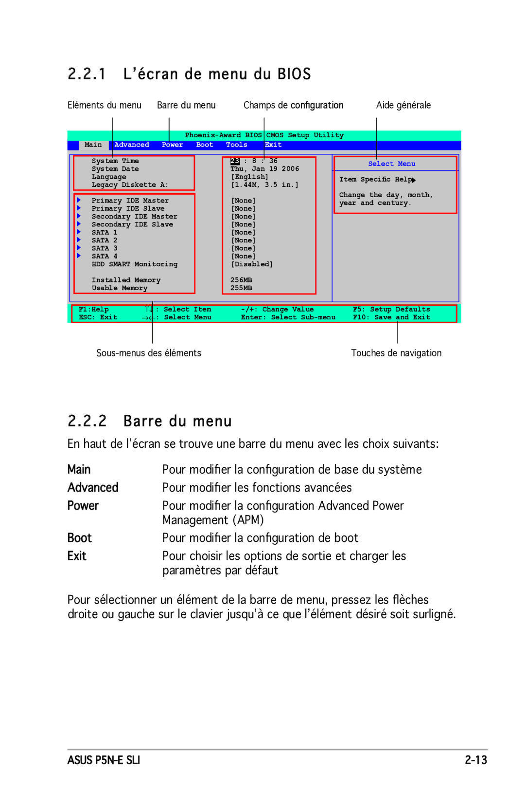 Asus P5N-E SLI manual 1 L’écran de menu du Bios, Barre du menu, Advanced Power Boot Tools Exit 