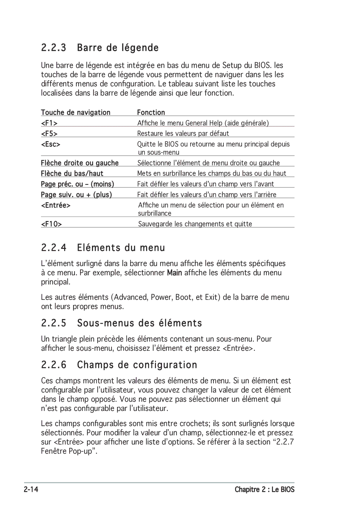 Asus P5N-E SLI manual Barre de légende, 4 Eléments du menu, Sous-menus des éléments, Champs de configuration 