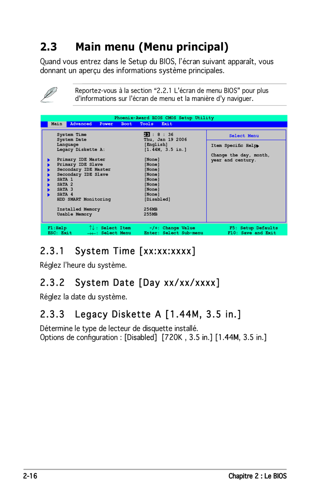 Asus P5N-E SLI manual Main menu Menu principal, System Time, System Date Day xx/xx/xxxx, Legacy Diskette a 1 .44M, 3.5 