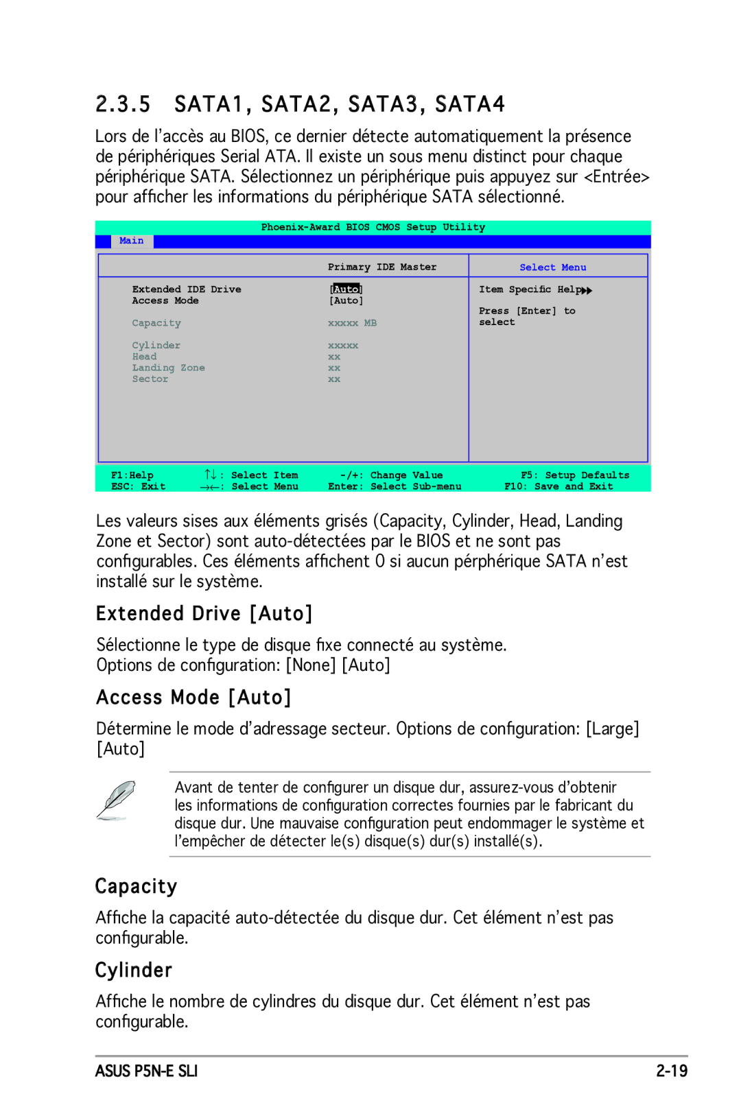 Asus P5N-E SLI manual SATA1, SATA2, SATA3, SATA4, Extended Drive Auto 