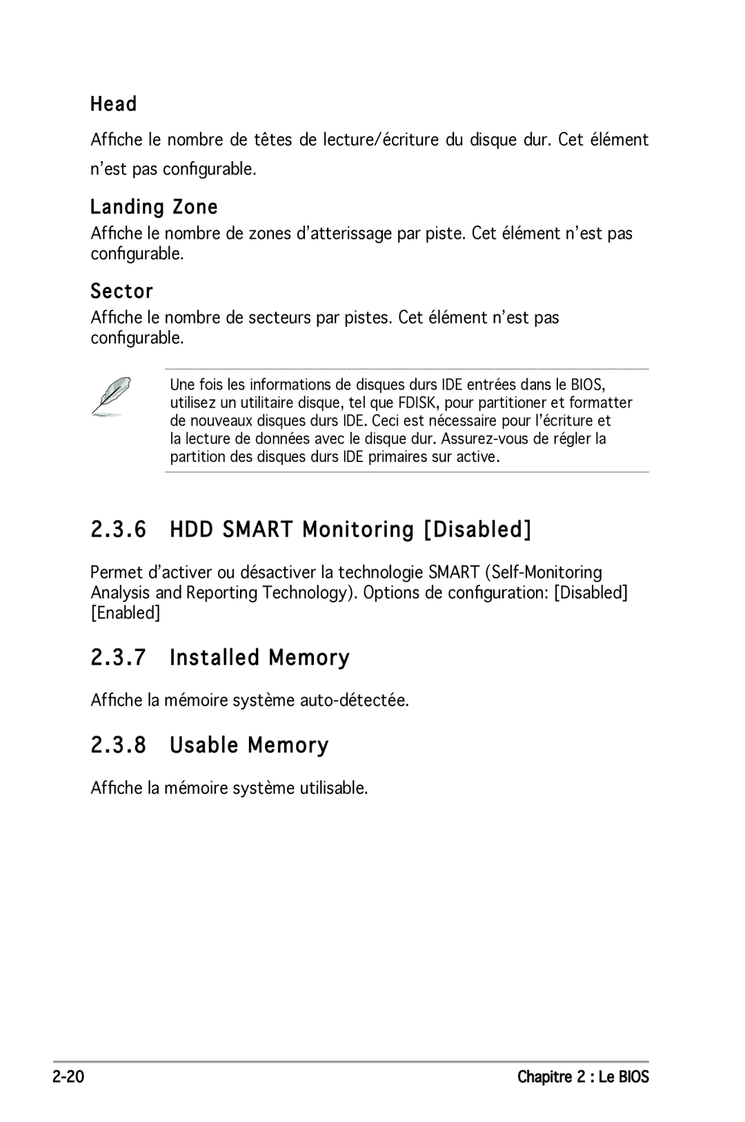 Asus P5N-E SLI manual HDD Smart Monitoring Disabled, Installed Memory, Usable Memory, Landing Zone 