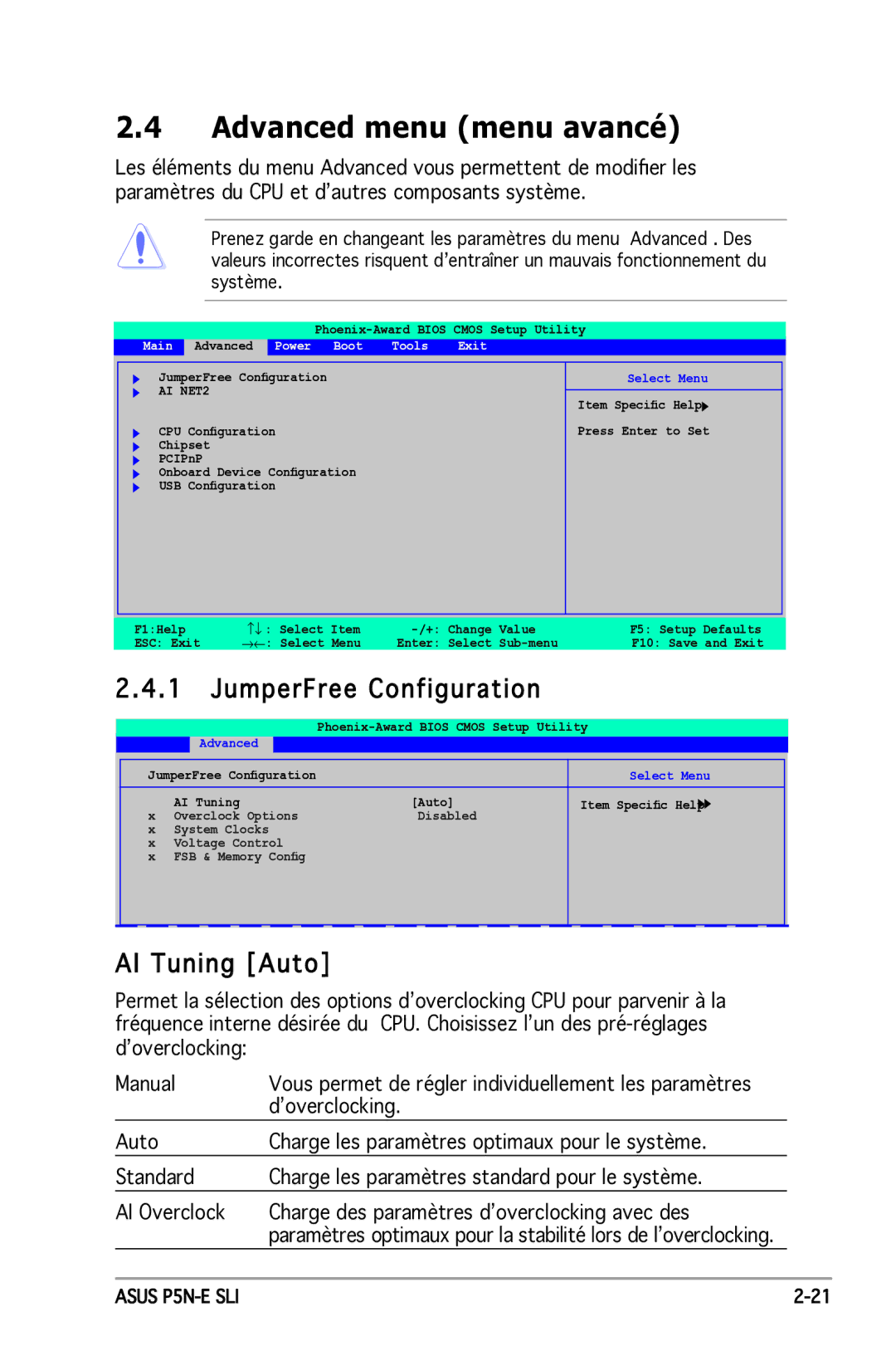 Asus P5N-E SLI manual Advanced menu menu avancé, AI Tuning Auto, Main, Power Boot Tools Exit 
