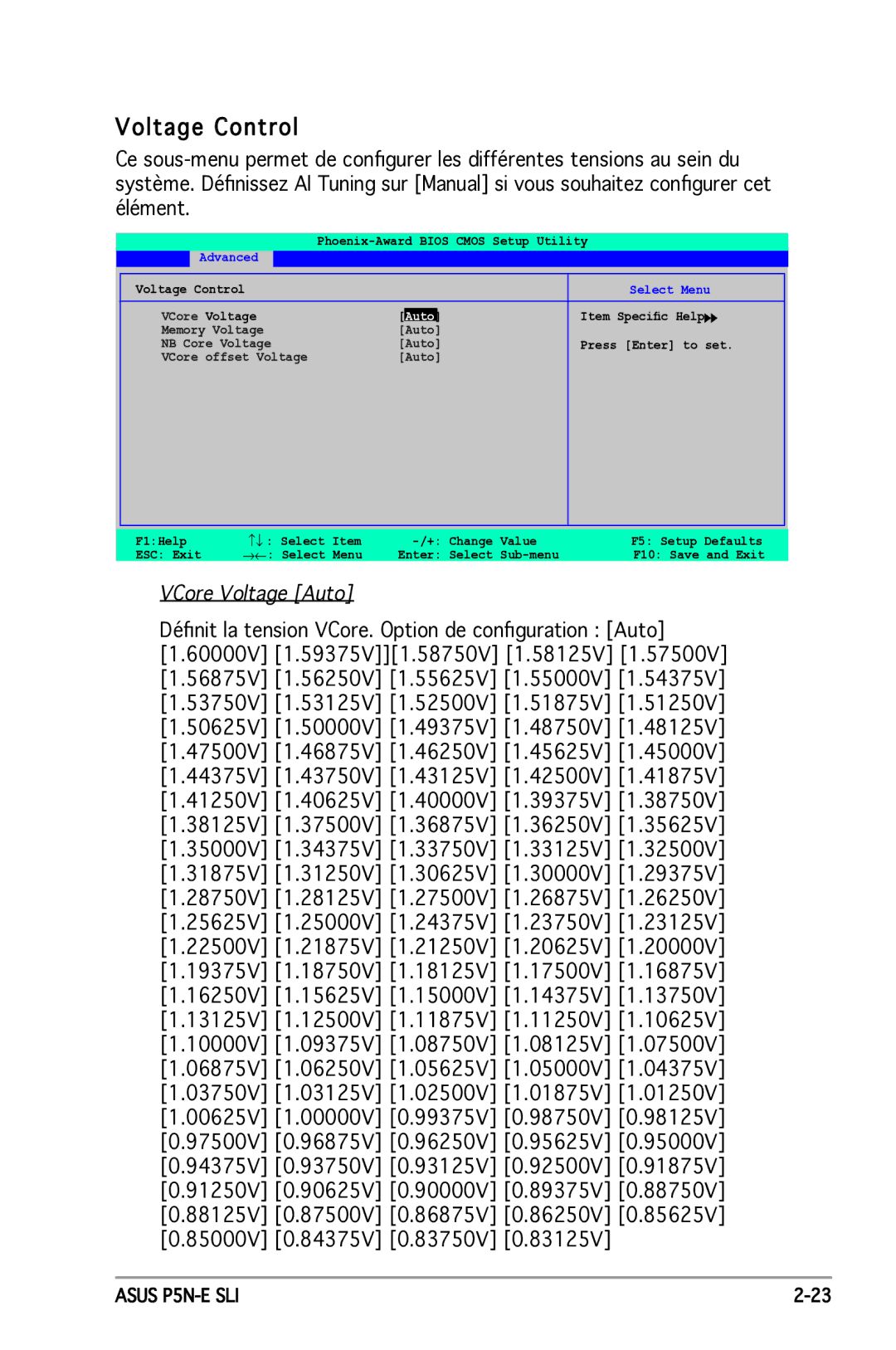 Asus P5N-E SLI manual Voltage Control, VCore Voltage Auto 