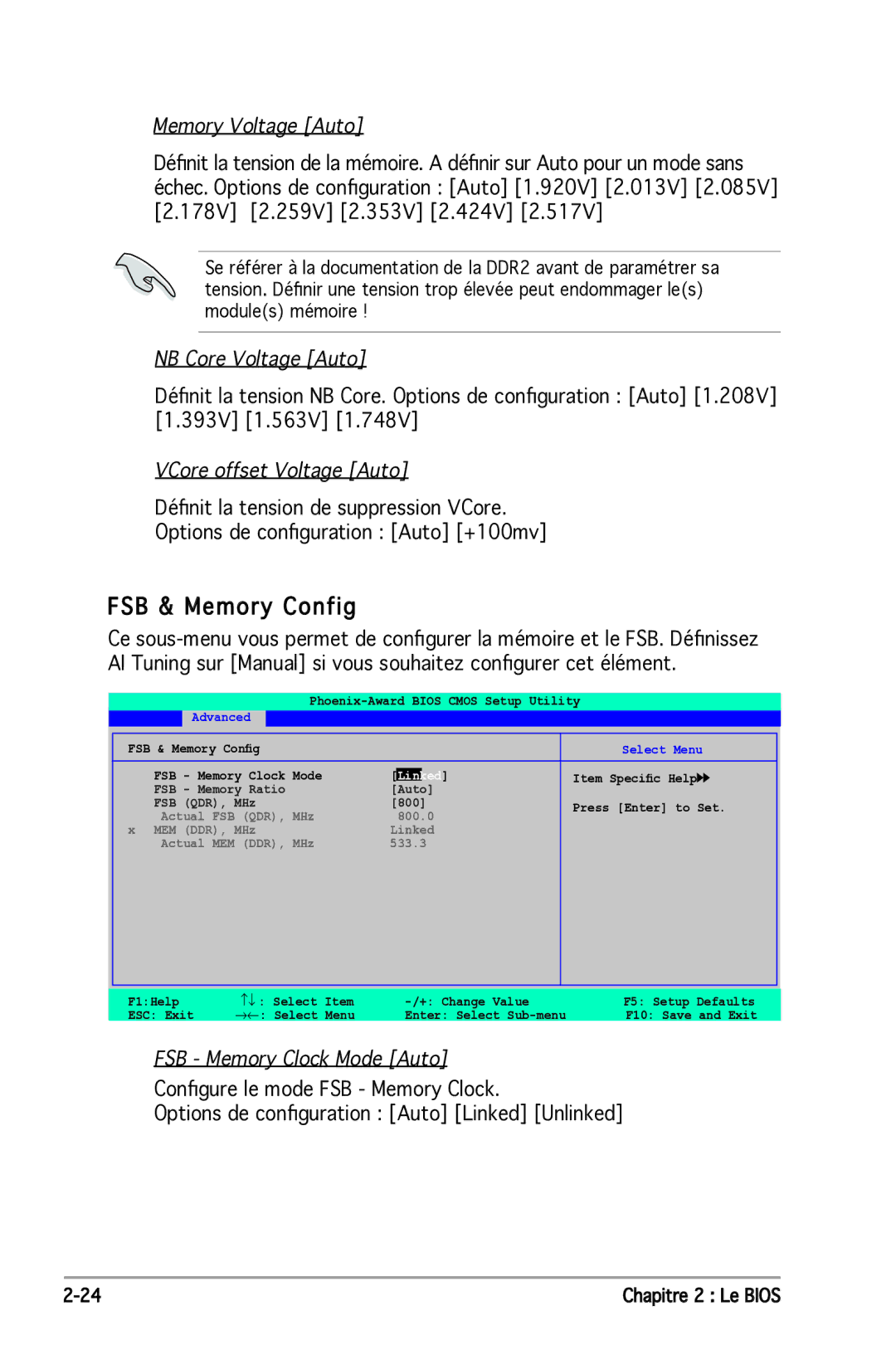 Asus P5N-E SLI manual FSB & Memory Config, Memory Voltage Auto, NB Core Voltage Auto, VCore offset Voltage Auto 