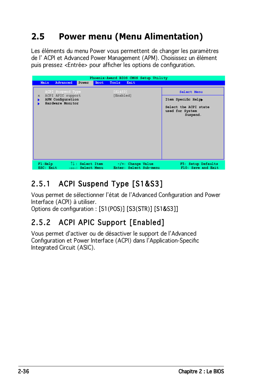 Asus P5N-E SLI manual Power menu Menu Alimentation, Acpi Apic Support Enabled, Main Advanced, Boot Tools Exit 