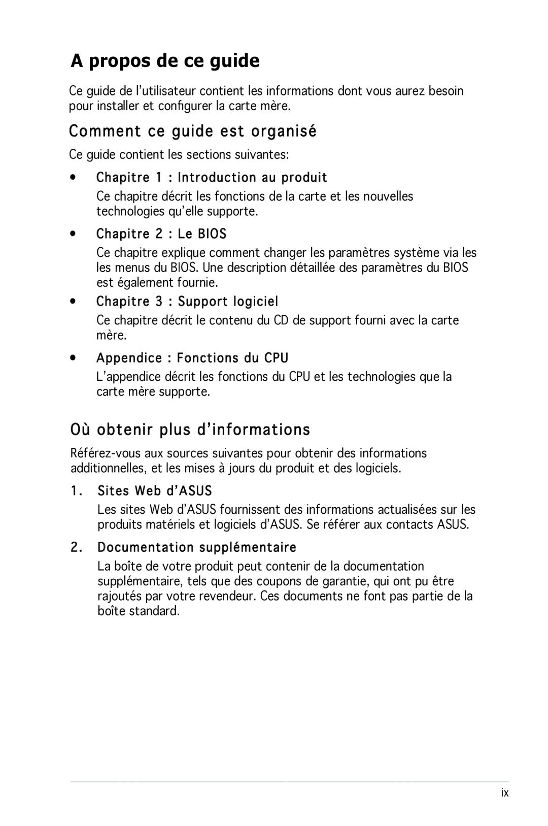 Asus P5N-E SLI manual Propos de ce guide, Comment ce guide est organisé, Où obtenir plus d’informations, Sites Web d’ASUS 