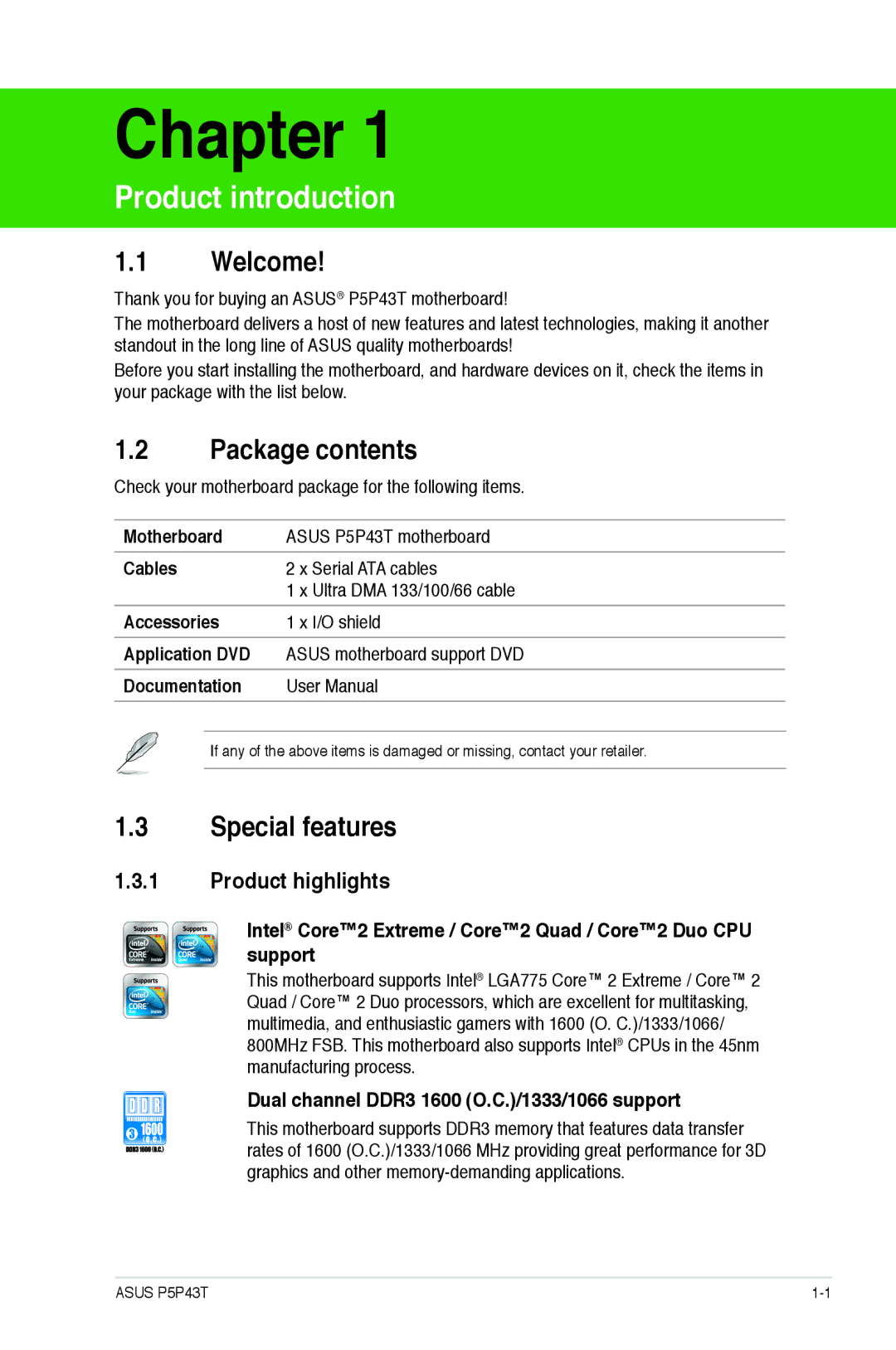 Asus p5p43t manual Welcome, Package contents, Special features 