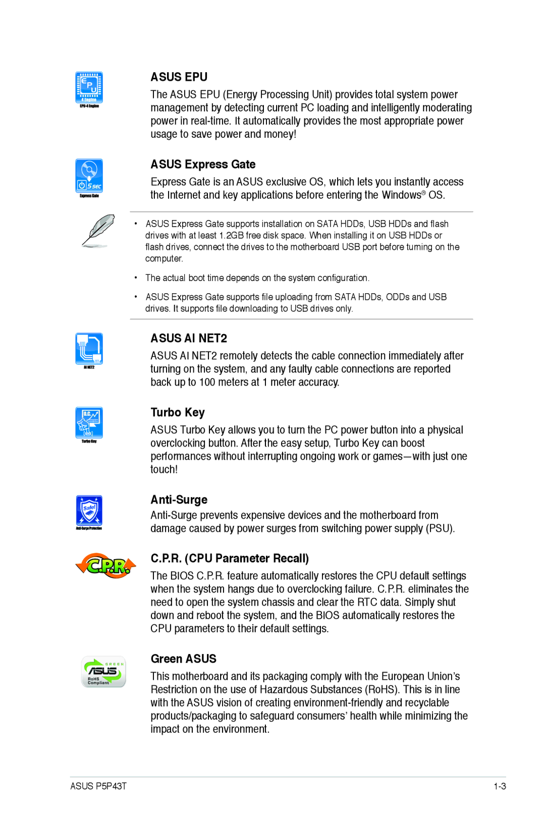Asus p5p43t manual Asus Express Gate, Turbo Key, Anti-Surge, R. CPU Parameter Recall, Green Asus 
