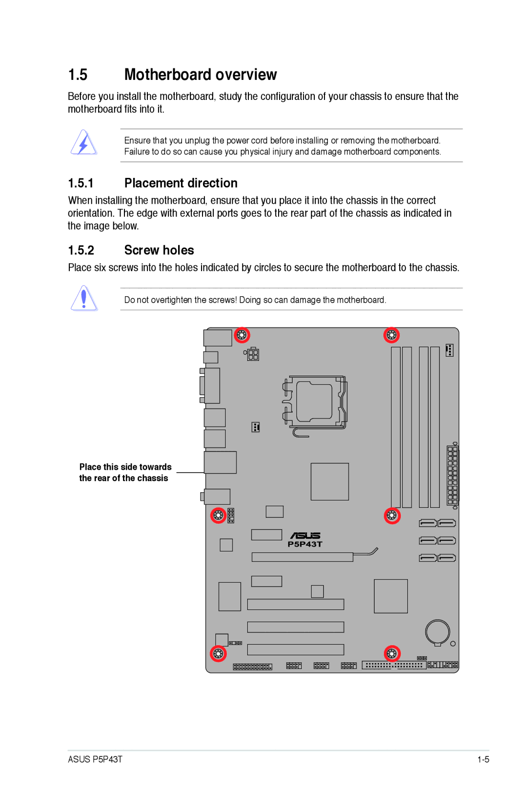 Asus p5p43t manual Motherboard overview, Placement direction, Screw holes 