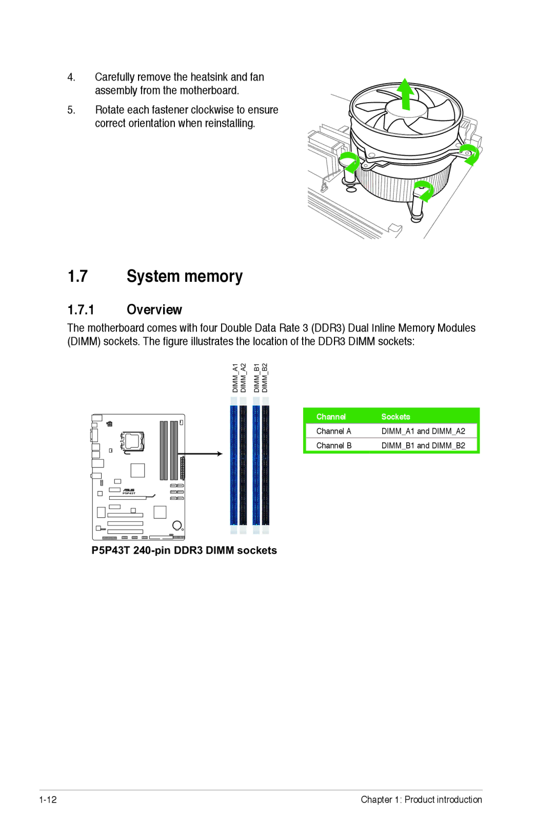 Asus p5p43t manual System memory, Overview 