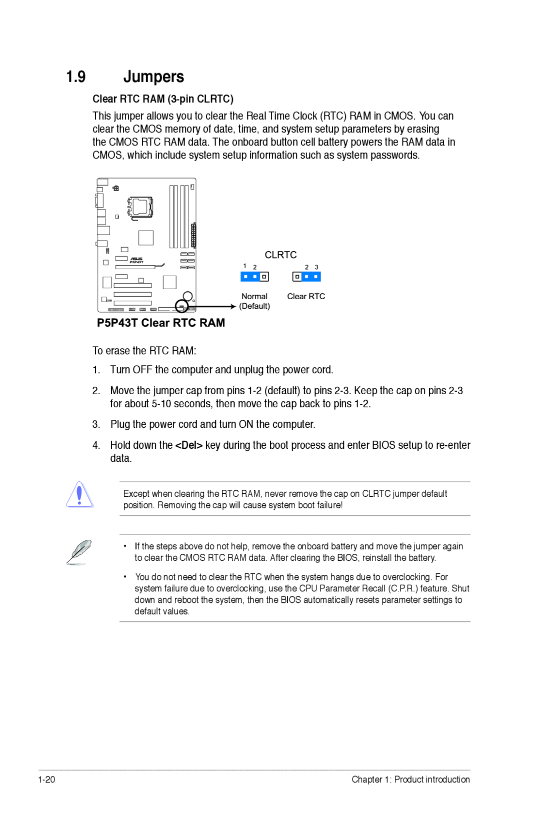 Asus p5p43t manual Jumpers, Clear RTC RAM 3-pin Clrtc 