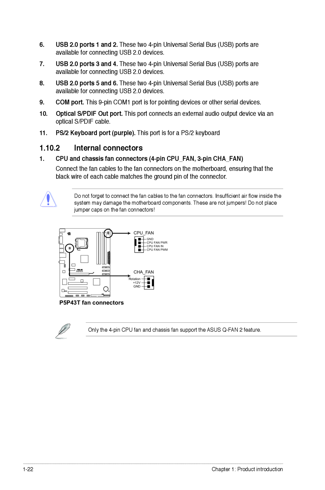 Asus p5p43t manual Internal connectors, CPU and chassis fan connectors 4-pin CPUFAN, 3-pin Chafan 