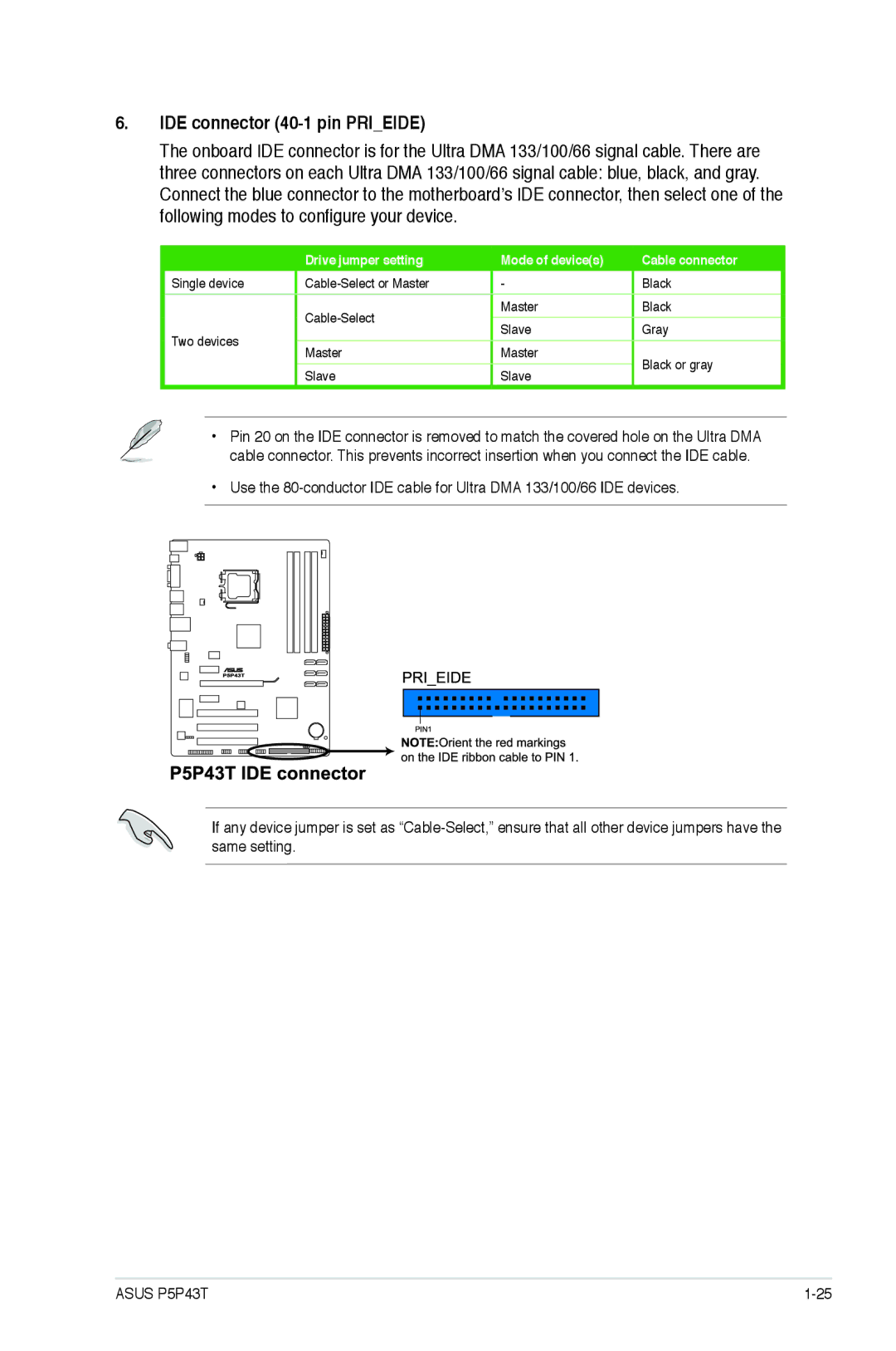 Asus p5p43t manual IDE connector 40-1 pin Prieide, Drive jumper setting Mode of devices Cable connector 