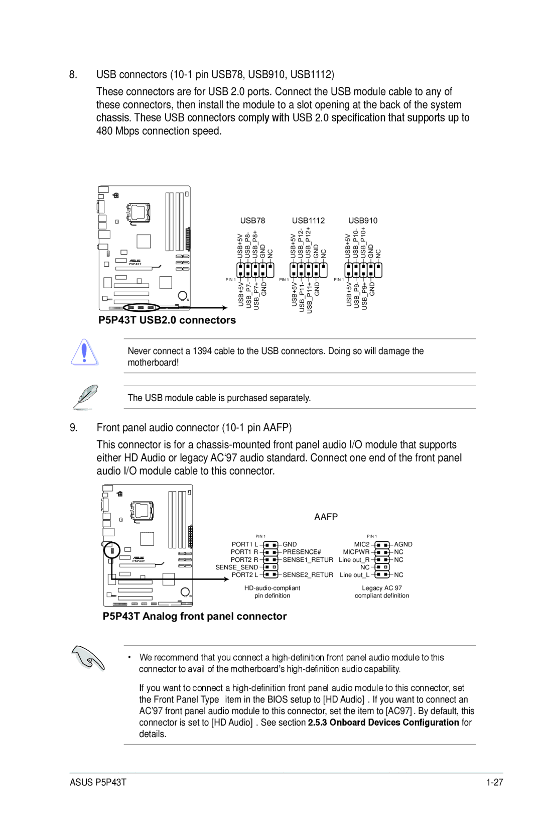 Asus p5p43t manual USB connectors 10-1 pin USB78, USB910, USB1112, Front panel audio connector 10-1 pin Aafp 