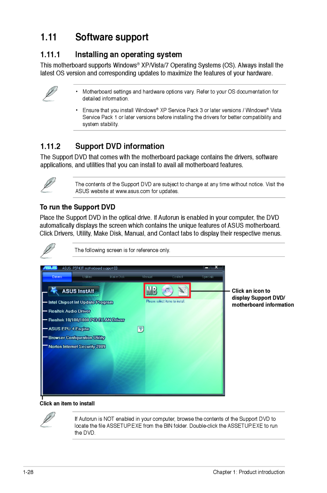 Asus p5p43t manual Software support, Installing an operating system, Support DVD information, To run the Support DVD 