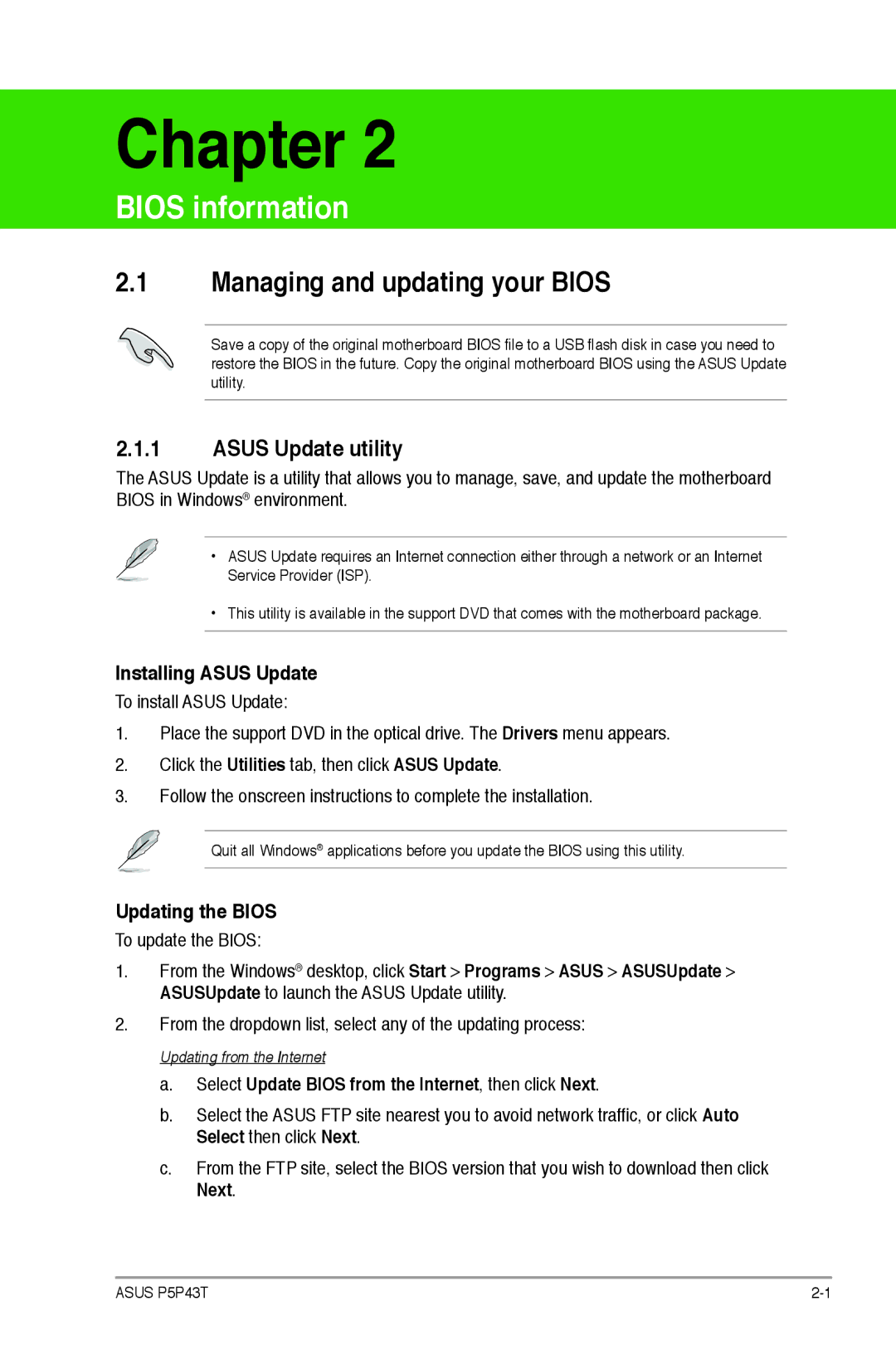 Asus p5p43t manual Managing and updating your Bios, Asus Update utility, Installing Asus Update, Updating the Bios 