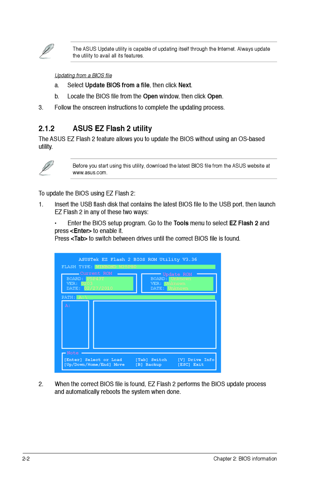 Asus p5p43t manual Asus EZ Flash 2 utility, Select Update Bios from a file, then click Next 