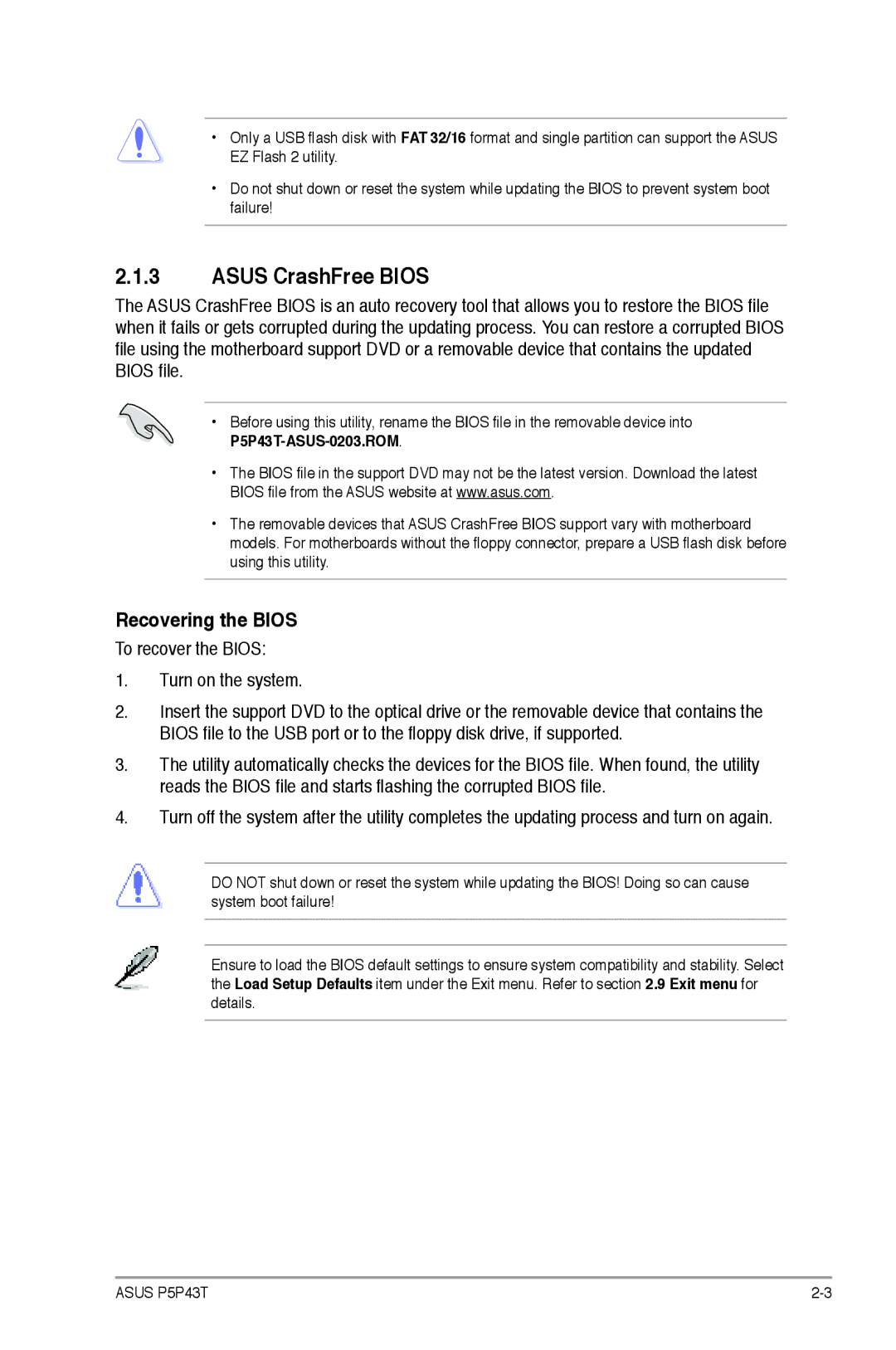 Asus p5p43t manual Asus CrashFree Bios, Recovering the Bios 