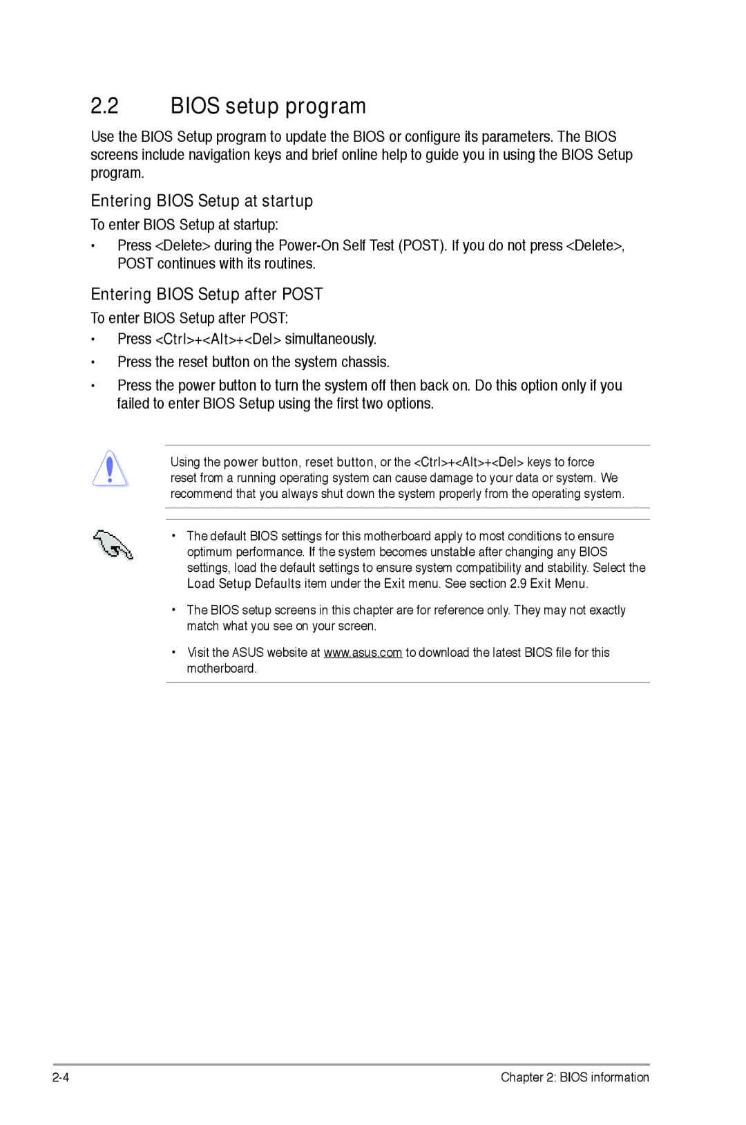 Asus p5p43t manual Bios setup program, Entering Bios Setup at startup, Entering Bios Setup after Post 