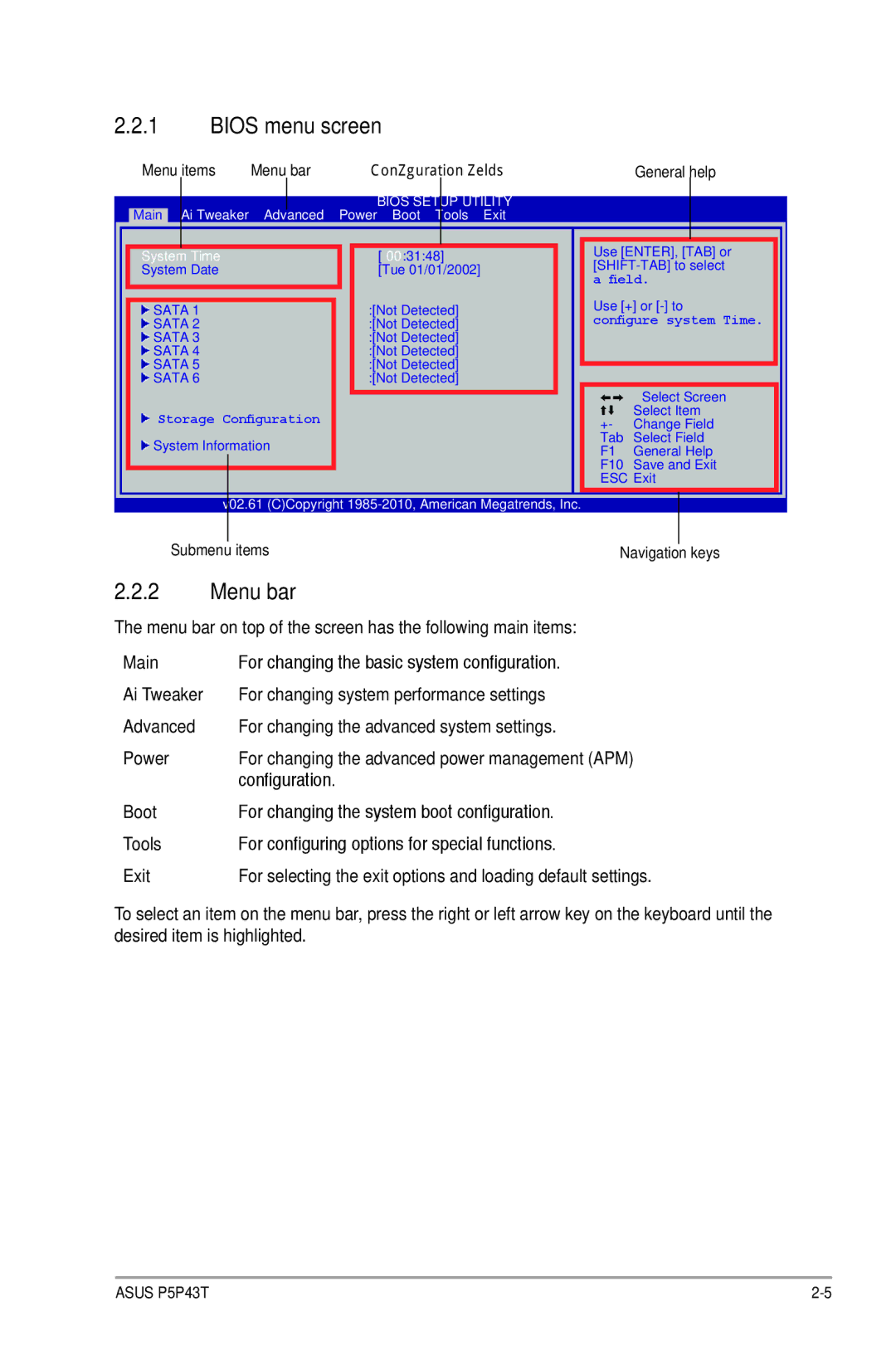 Asus p5p43t manual Bios menu screen, Menu bar, Configuration 