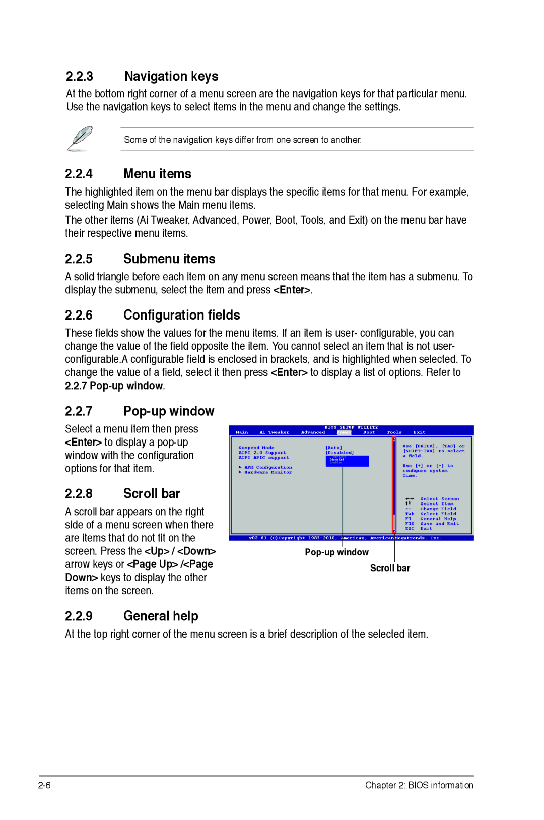 Asus p5p43t Navigation keys, Menu items, Submenu items, Configuration fields, Pop-up window, Scroll bar, General help 