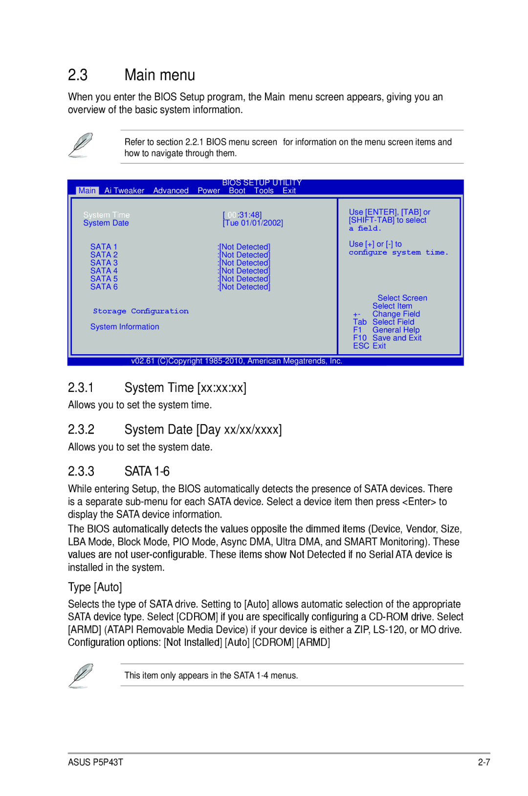 Asus p5p43t manual Main menu, System Time, System Date Day xx/xx/xxxx, Sata, Type Auto 