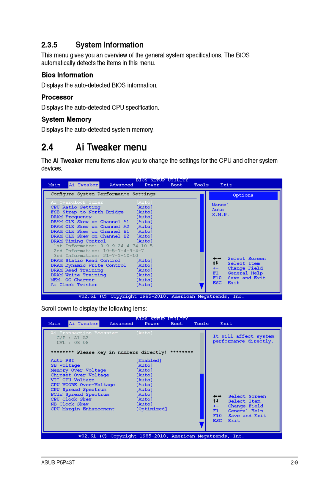 Asus p5p43t manual Ai Tweaker menu, System Information, Bios Information, Processor, System Memory 