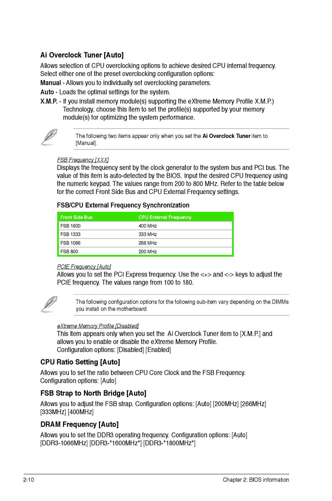 Asus p5p43t manual Ai Overclock Tuner Auto, CPU Ratio Setting Auto, FSB Strap to North Bridge Auto, Dram Frequency Auto 