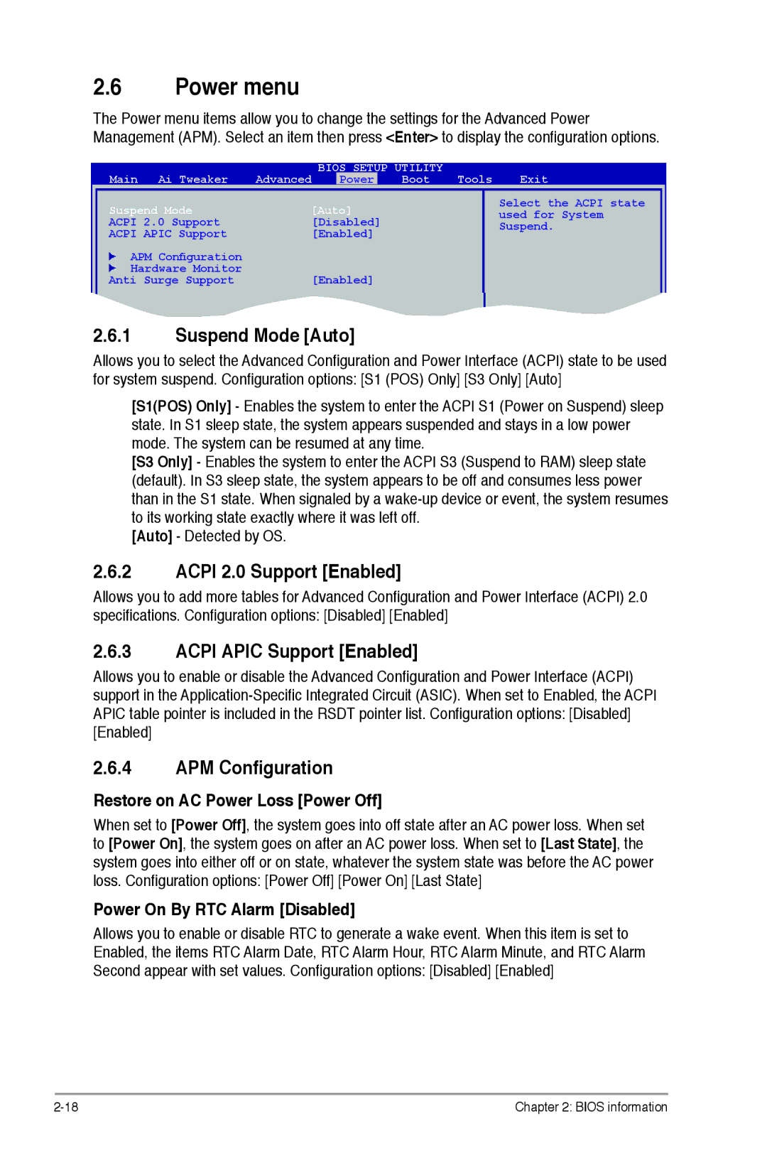 Asus p5p43t manual Power menu, Suspend Mode Auto, Acpi 2.0 Support Enabled, Acpi Apic Support Enabled, APM Configuration 